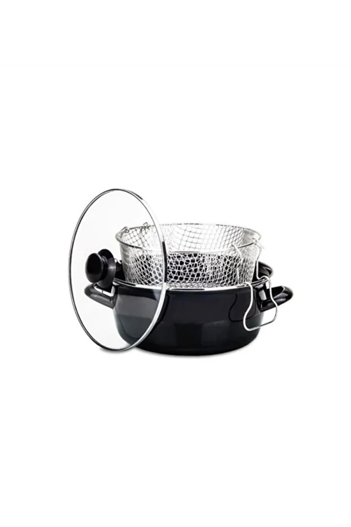 وعاء طهي زجاجي مطلي بالمينا مع غطاء و مصفاة شبك لقلي البطاطس بطريقة صحية– 26 سم – طهي صحي وآمن