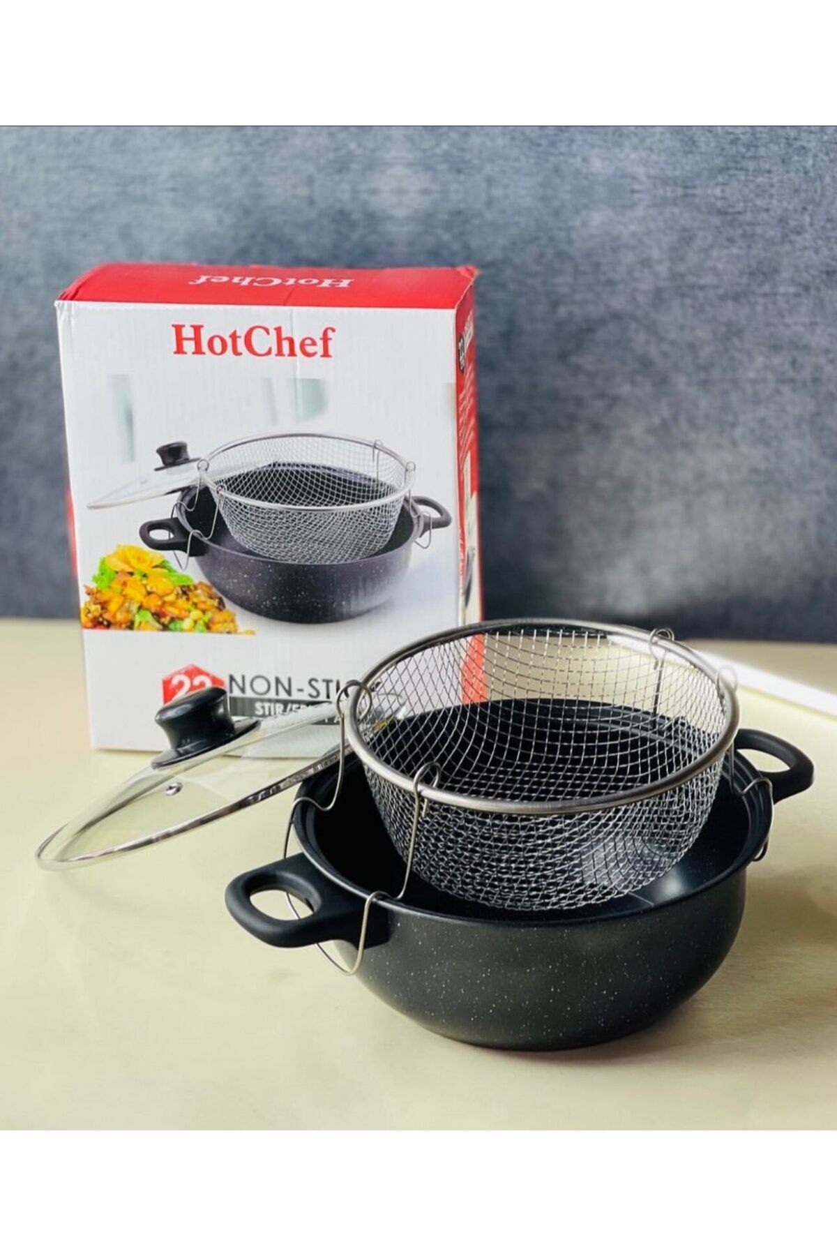 وعاء طهي زجاجي مطلي بالمينا مع غطاء و مصفاة شبك لقلي البطاطس بطريقة صحية– 26 سم – طهي صحي وآمن