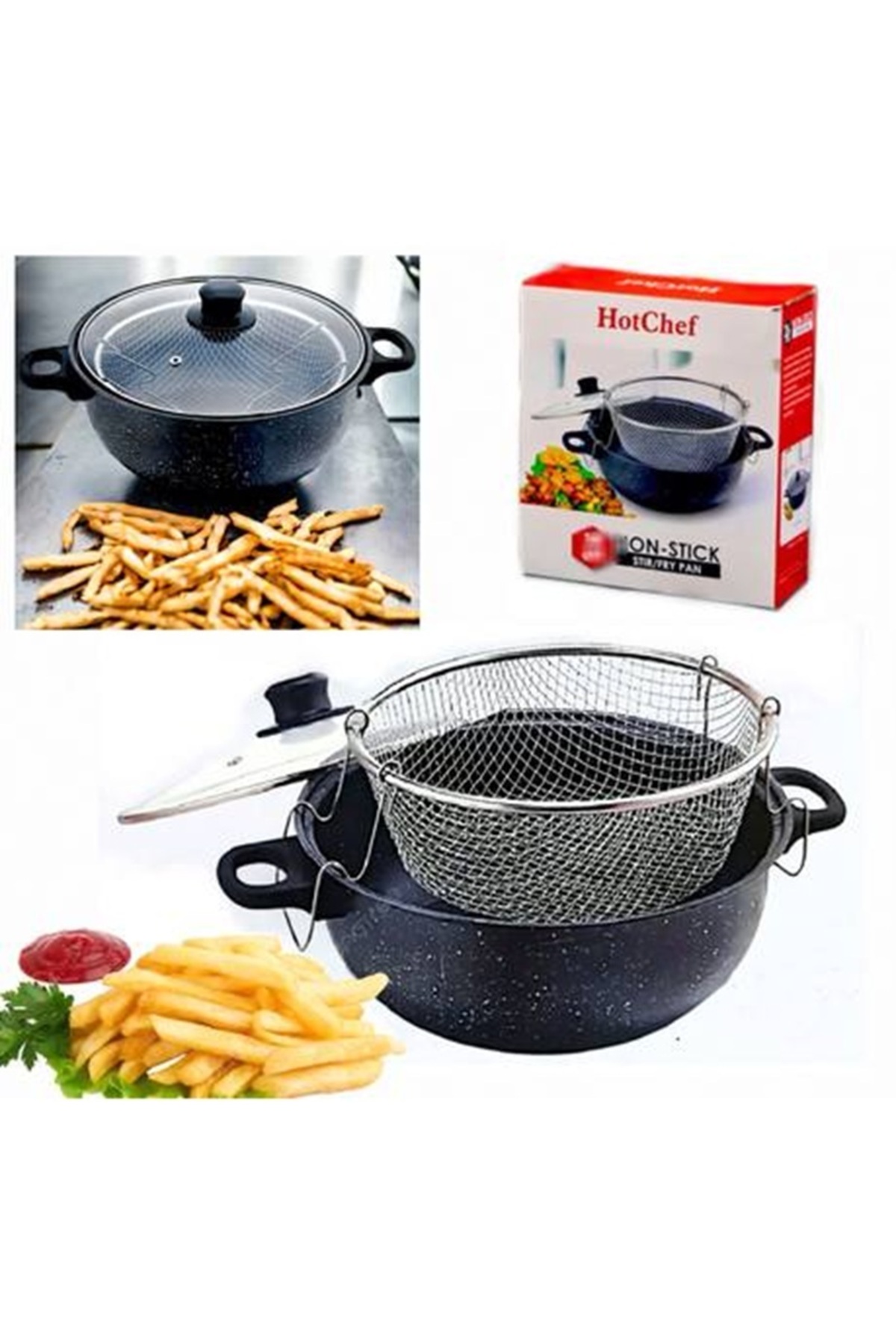 وعاء طهي زجاجي مطلي بالمينا مع غطاء و مصفاة شبك لقلي البطاطس بطريقة صحية– 26 سم – طهي صحي وآمن