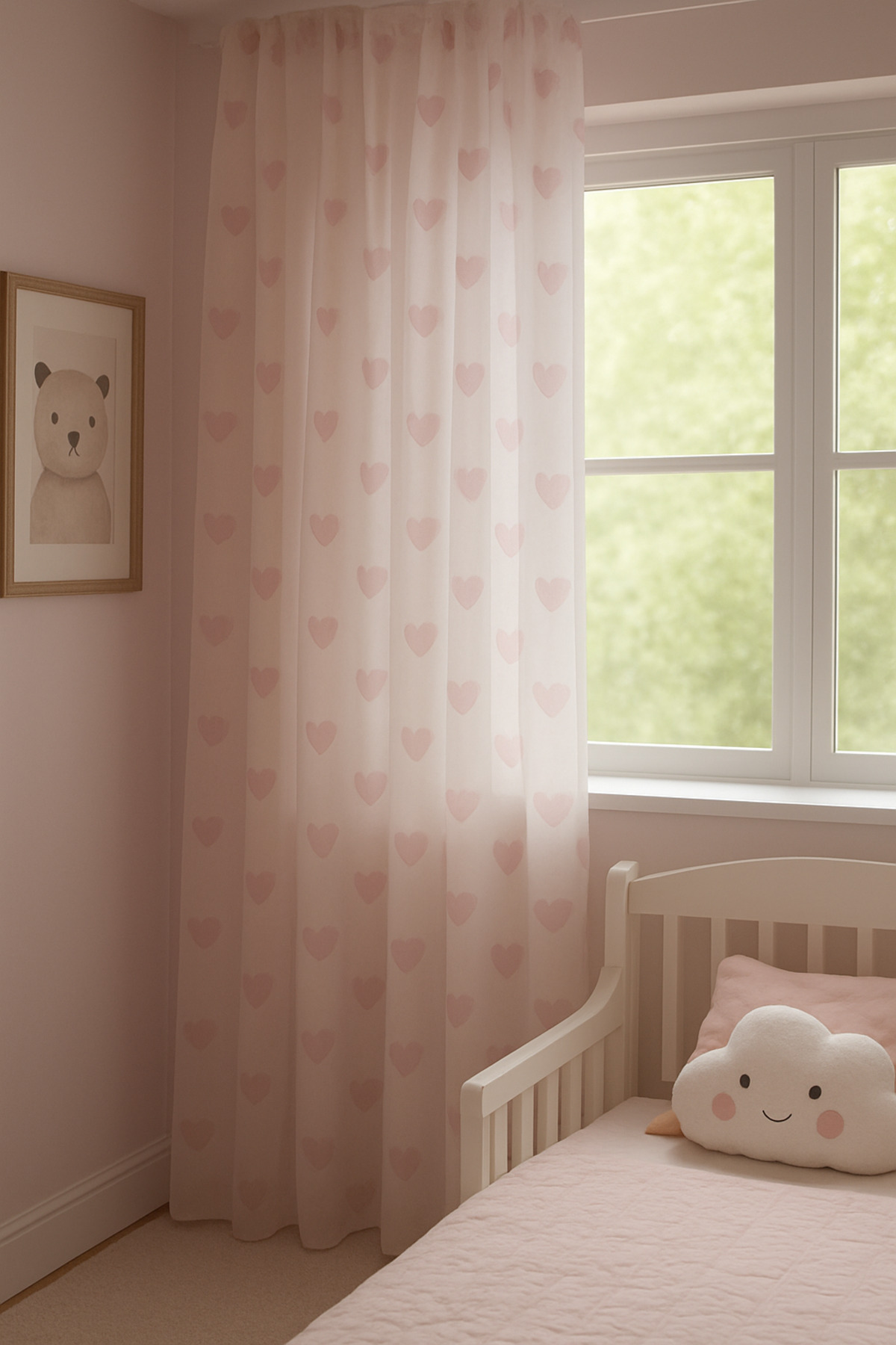 Perdenin Adresi Kalpli Desenli Bebek & Çocuk Odası Tül Perde – Pembe Renk Normal Pile fotoğrafı 2 (önizleme)