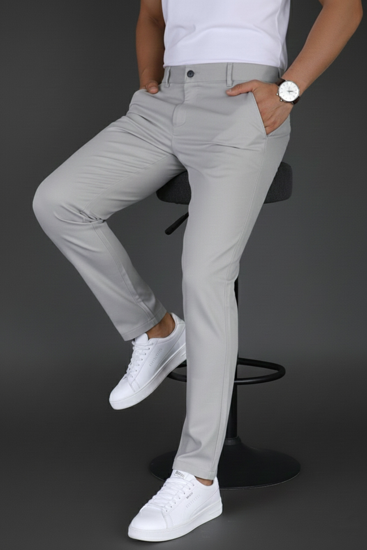 Mamlay  Erkek Gri Renk Slim Fit Düğme Kapamalı Kaliteli Kumaş Pantolon - Görsel 3