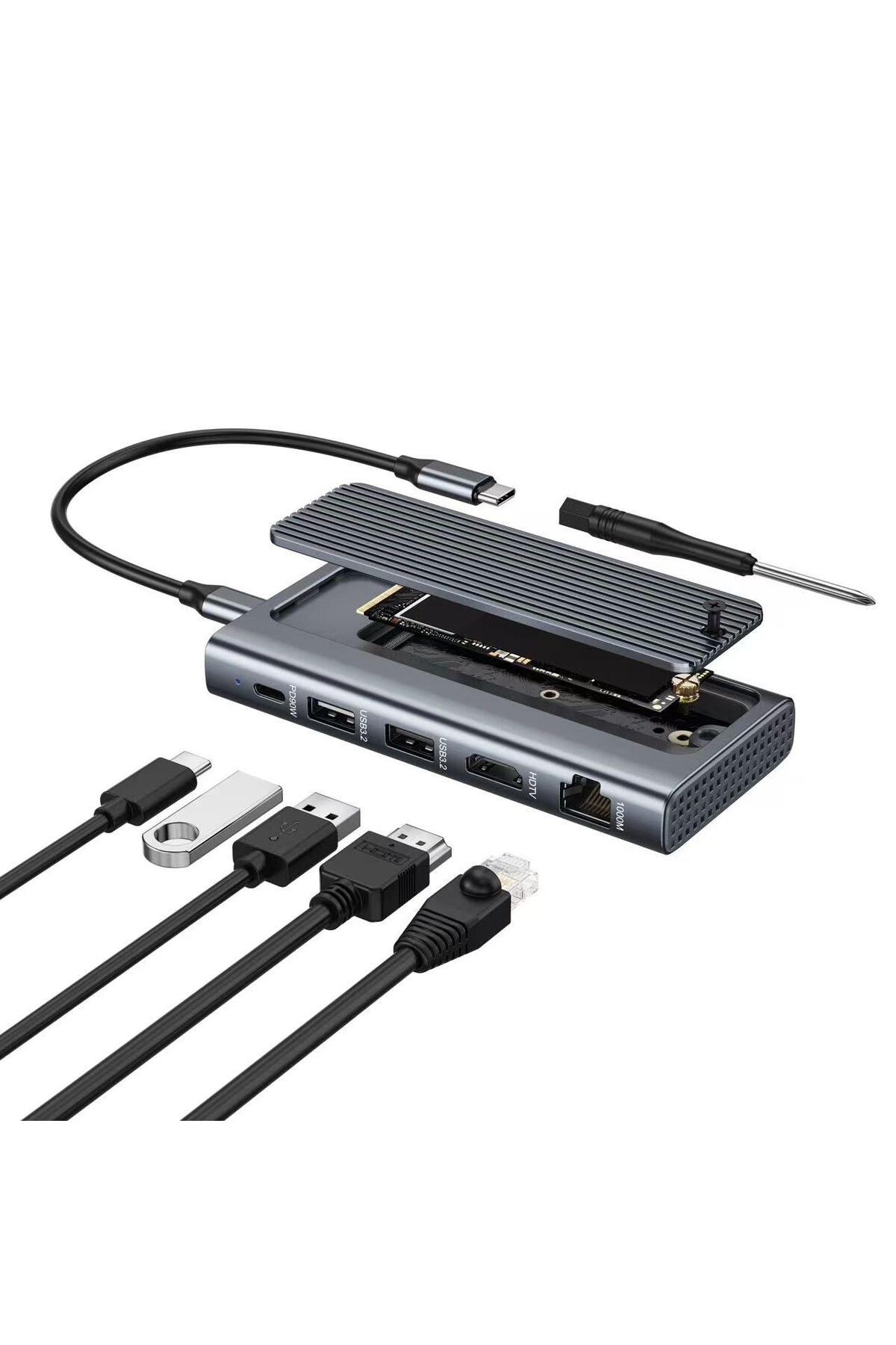 Coverzone USB-C Docking Station M.2 NVMe Kutulu 4K HDMI Ethernet