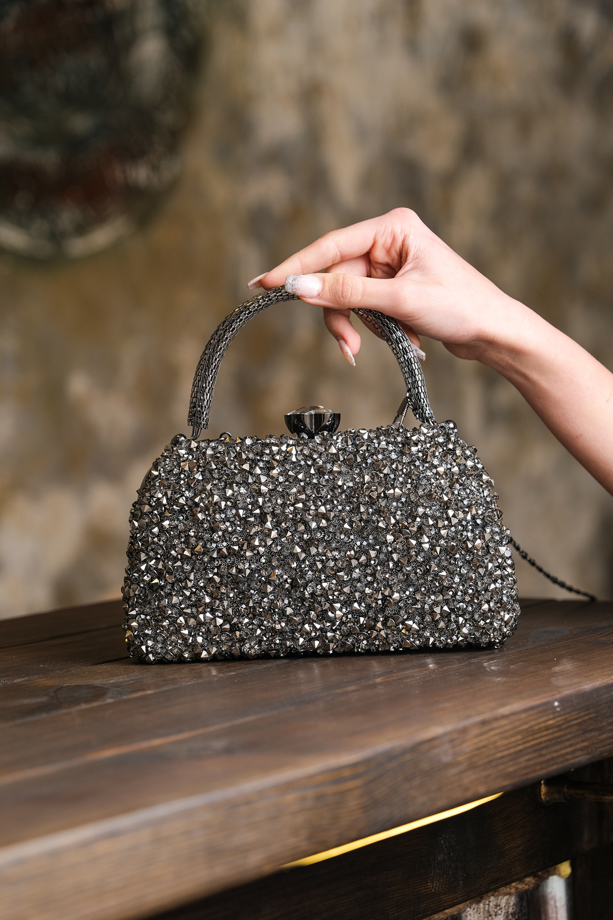 ROZA CANTA Kadın Antrasit Taşlı Abiye Clutch Portföy Çanta görsel 6
