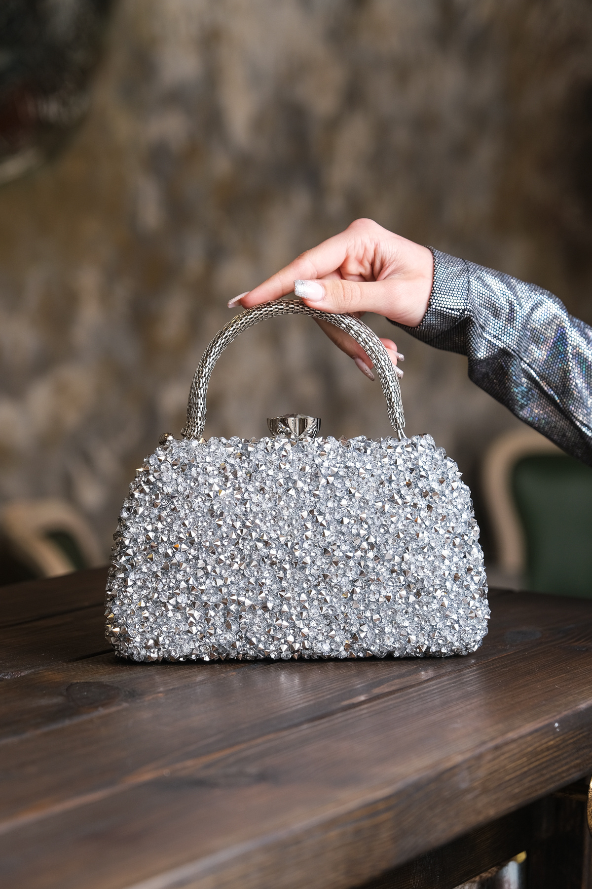 ROZA CANTA Kadın GümüşTaşlı Abiye Clutch Portföy Çanta