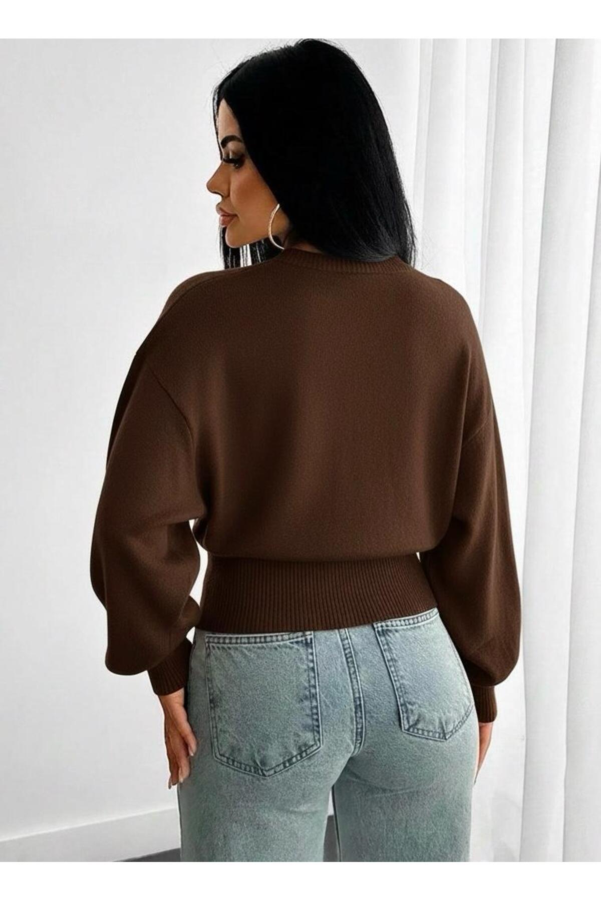 Maysev  Bisiklet Yaka Yarasa Kol Beli Saran Crop Uzun Kollu Kadın Kazak - Görsel 4