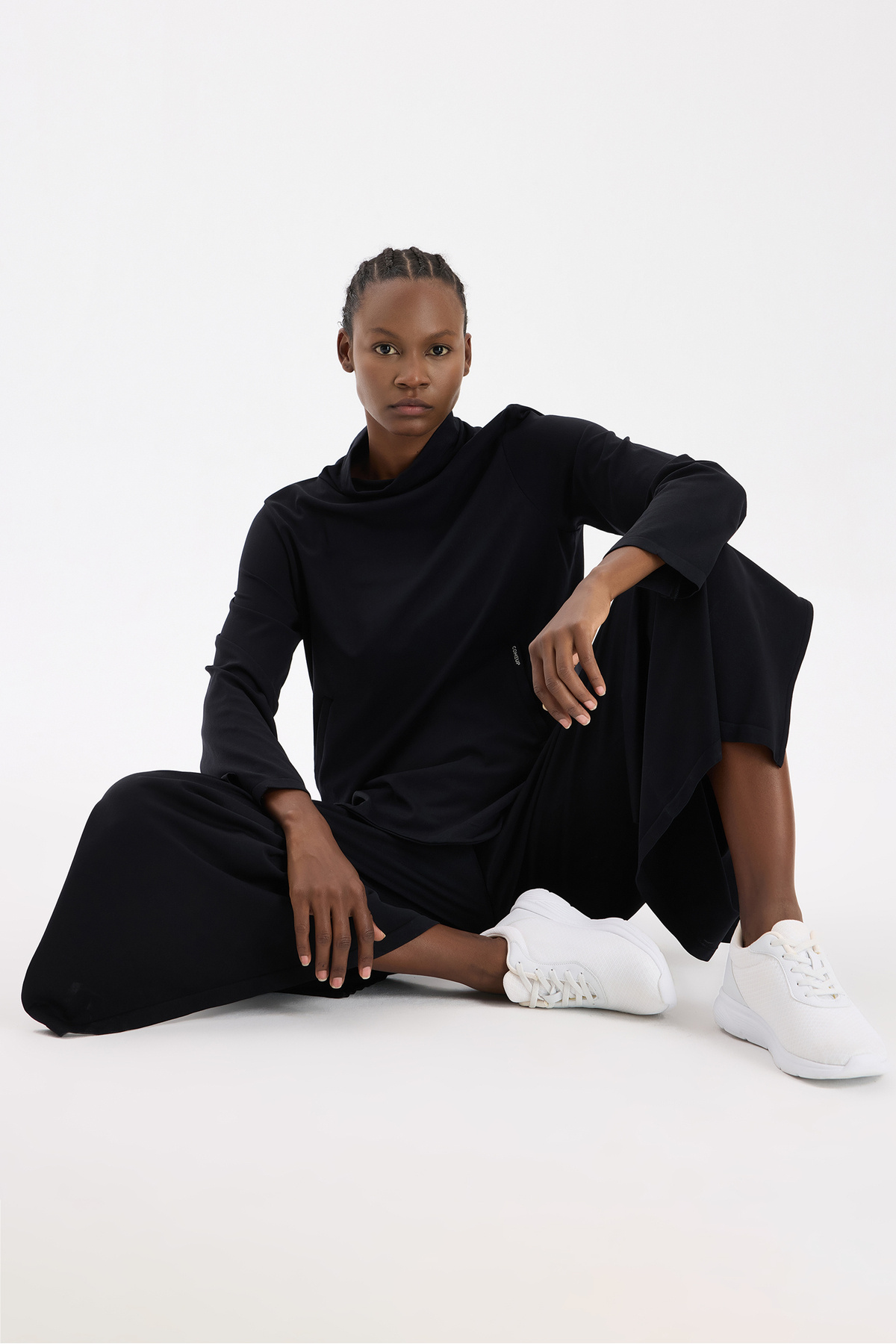 COMEUP Yüksek Yaka Cepli Uzun Kollu Hafif Sweatshirt Siyah görsel 5