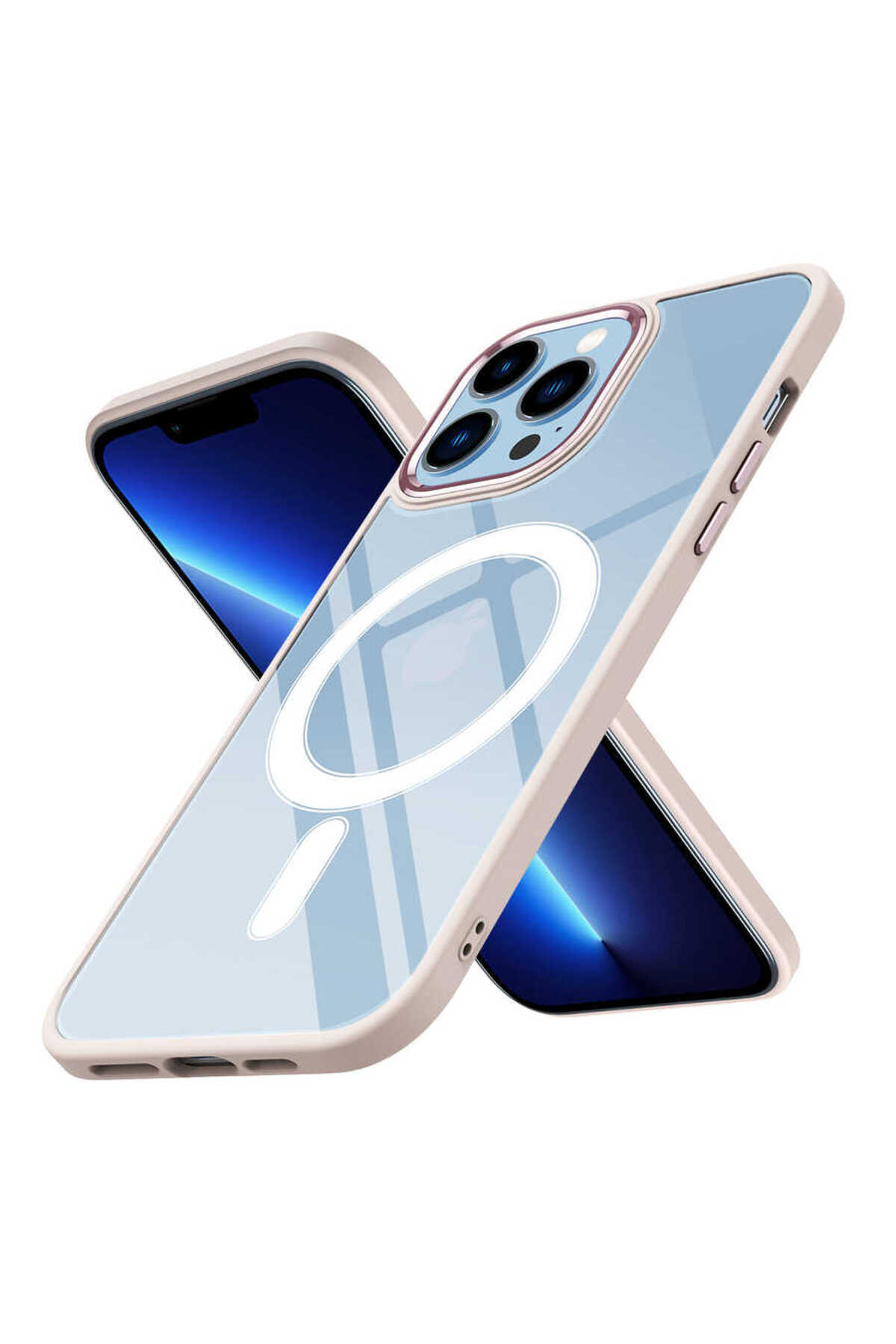iPhone 13 Pro Max Uyumlu Wireless Şarj Özellikli MRSA Krom Magsafe Silikon Kılıf-Pembe Açık