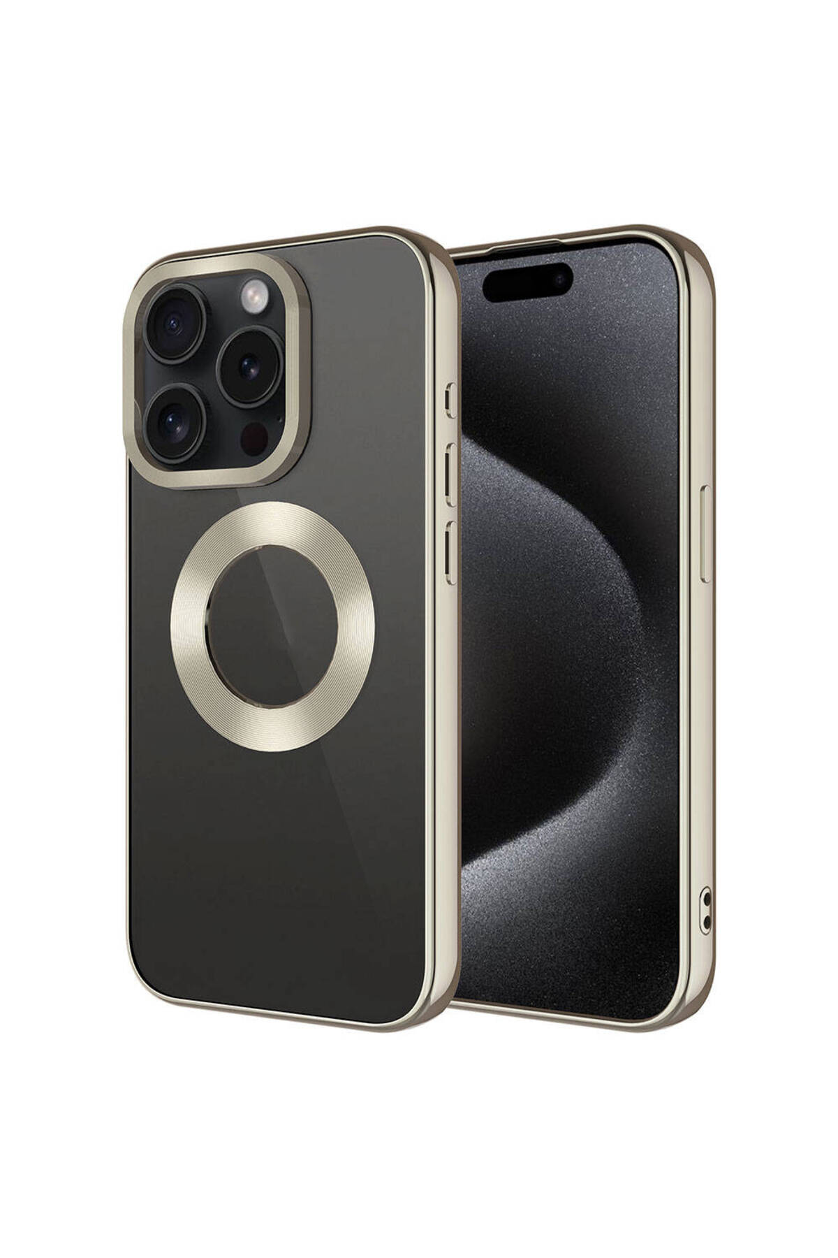 iPhone 15 Pro Max Uyumlu Tek Kamera Çerçeveli Logo Gösteren MSRA Omega Kılıf-Titanyum