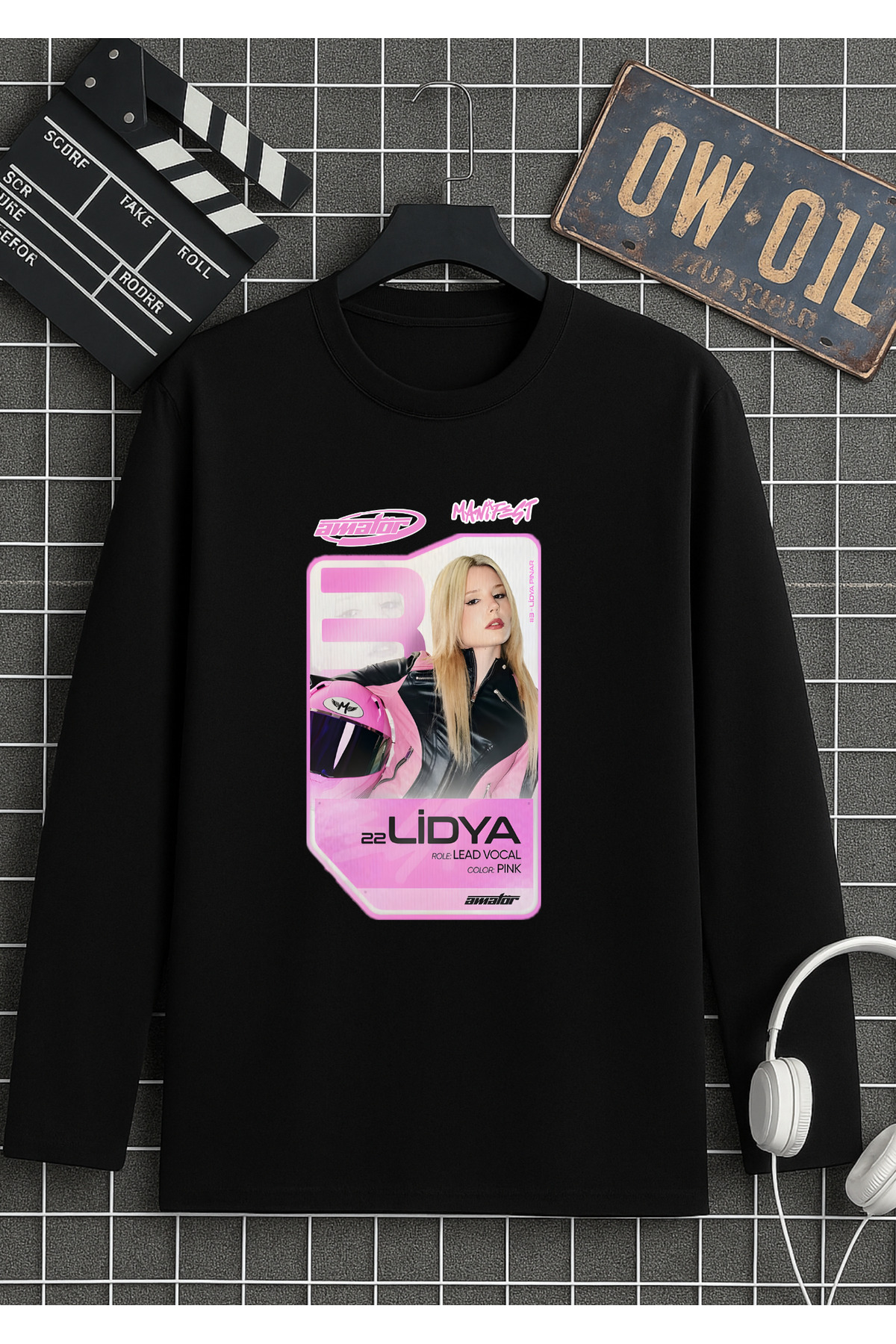 Manifest ZOKTAY, SUEDA,MİNA, INSPIRATION, CRESCENT, LYDIAN printed T-shirt black long sleeve 100% cotton organic