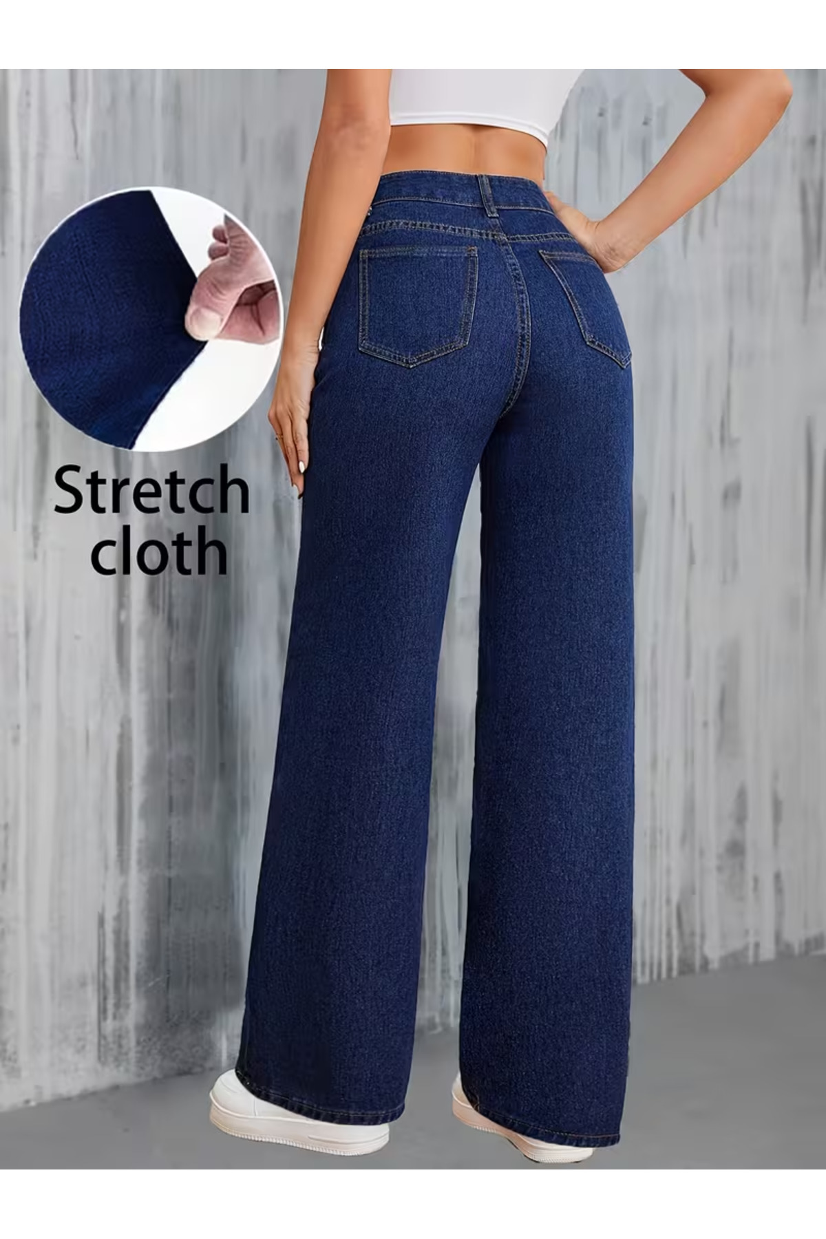 mooishan  Kamelya Lacivert Kadın Yüksek Bel Palazzo Jeans,Likralı Bol Paça Salaş PantolonDK-2 - Görsel 3