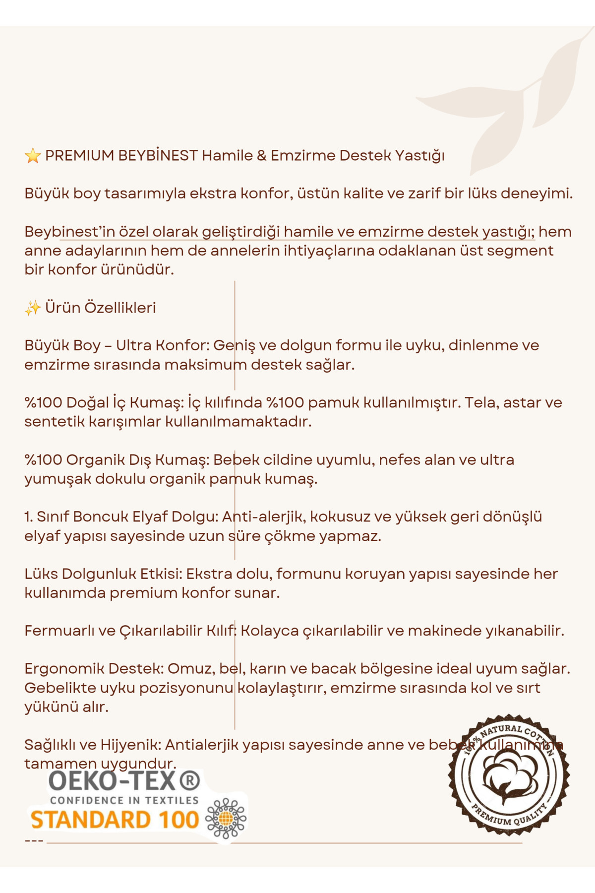 BeybiNest %100 Organik Pamuklu 130x80 Cm Astarlı Hamile Destek Yastığı Emzirme Yastığı Hasta Yastığı fotoğrafı 3 (önizleme)