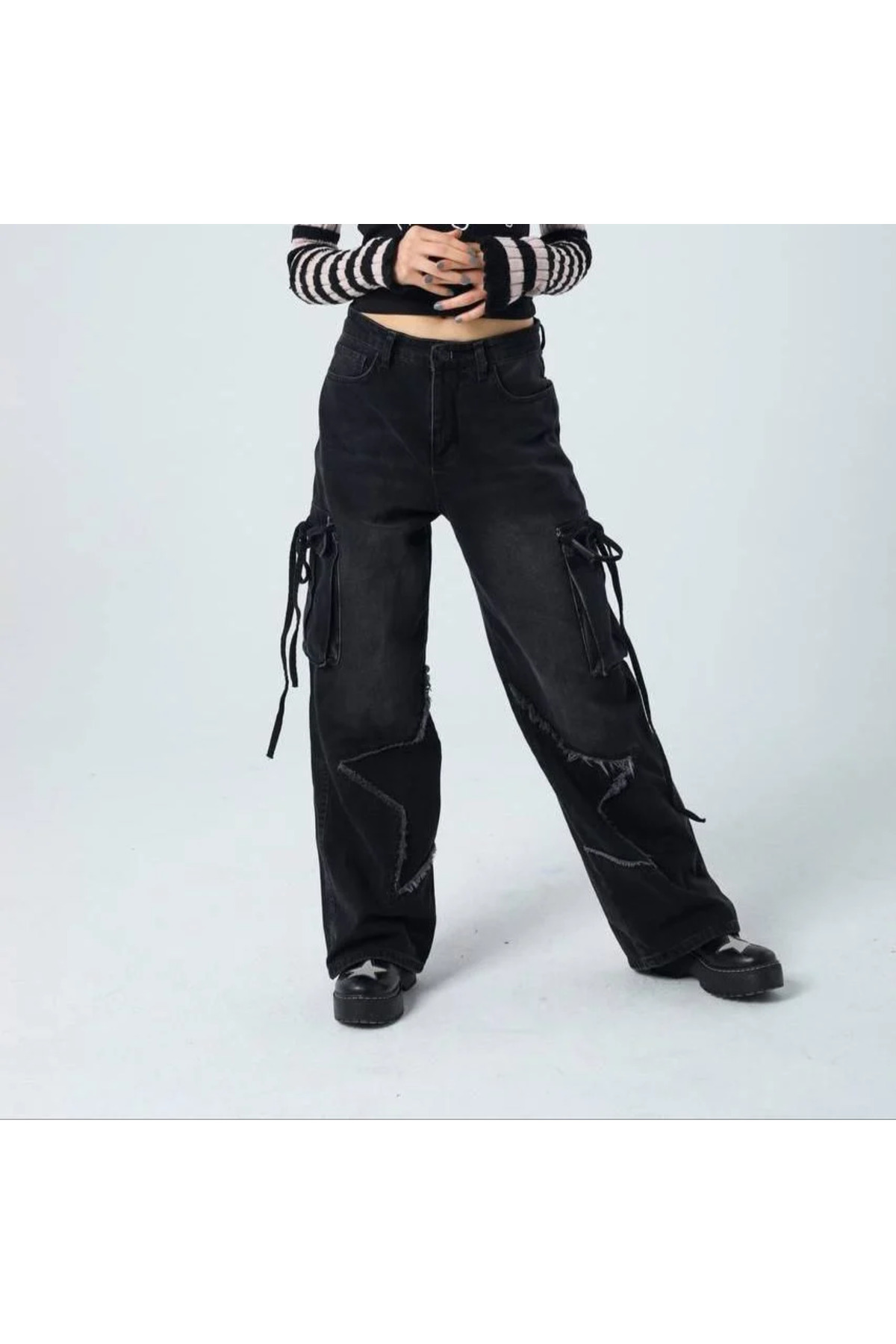 8line  Siyah Yıldız Y2K Stars Patch Detay Jeans Y2K Pantolon - Görsel 2