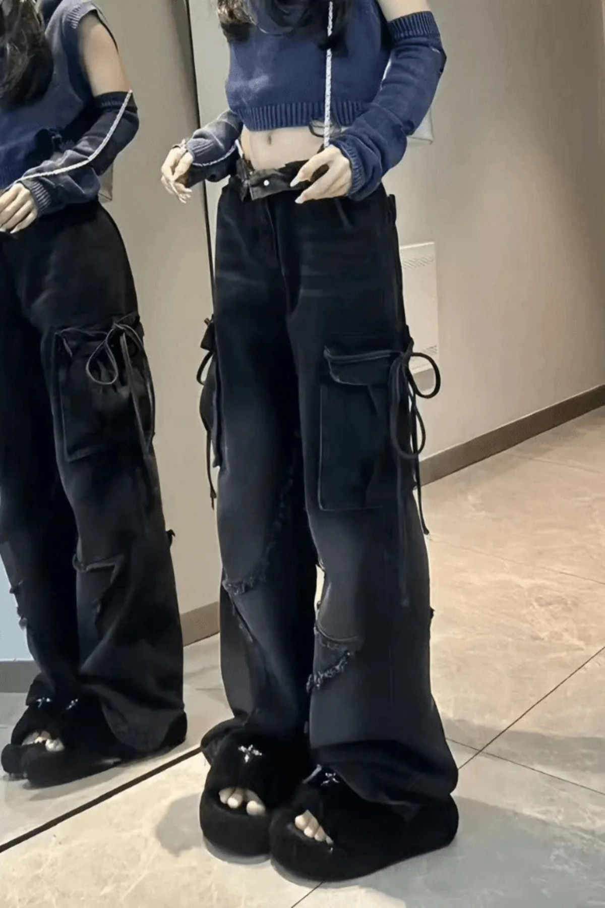 8line  Siyah Yıldız Y2K Stars Patch Detay Jeans Y2K Pantolon - Görsel 6