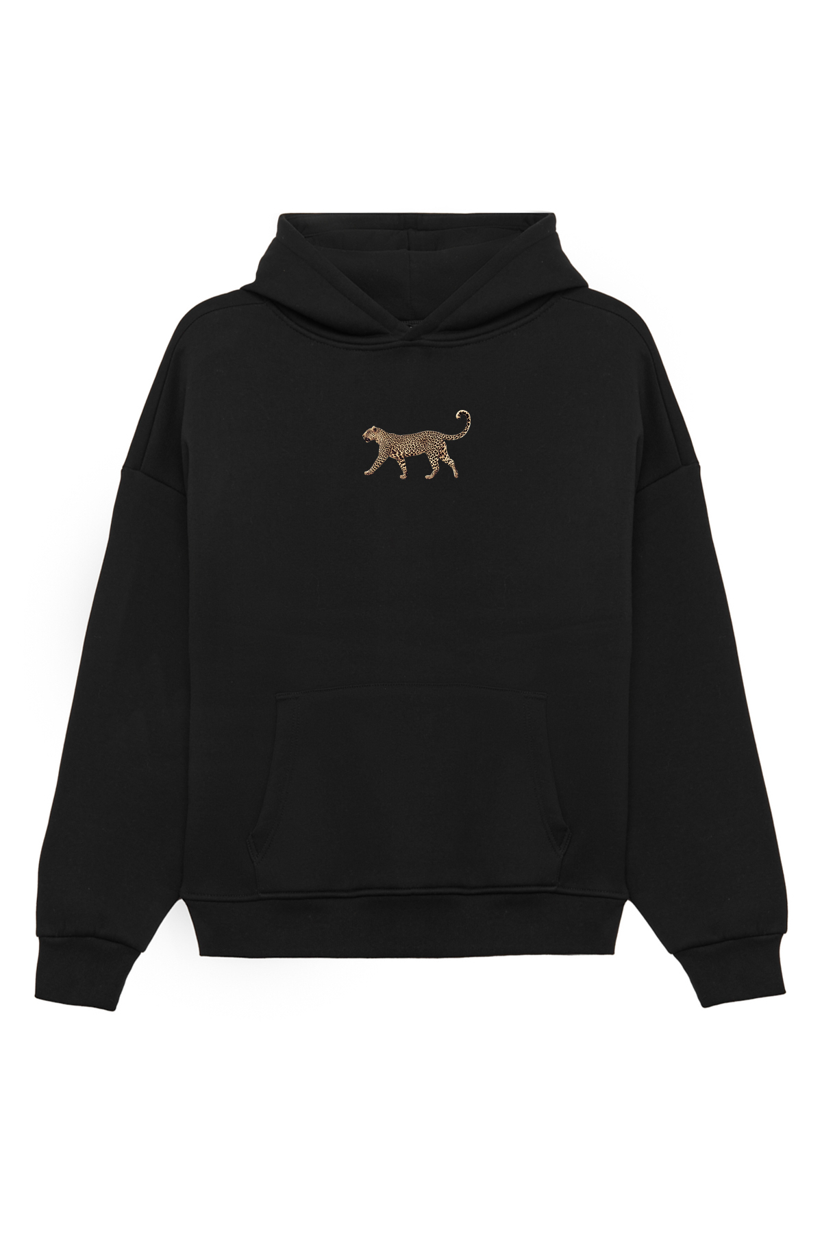 Unisex Leopar Baskılı Oversize Bol Kesim Pamuklu 3 İplik Şardonlu Siyah Kapüşonlu Sweatshirt