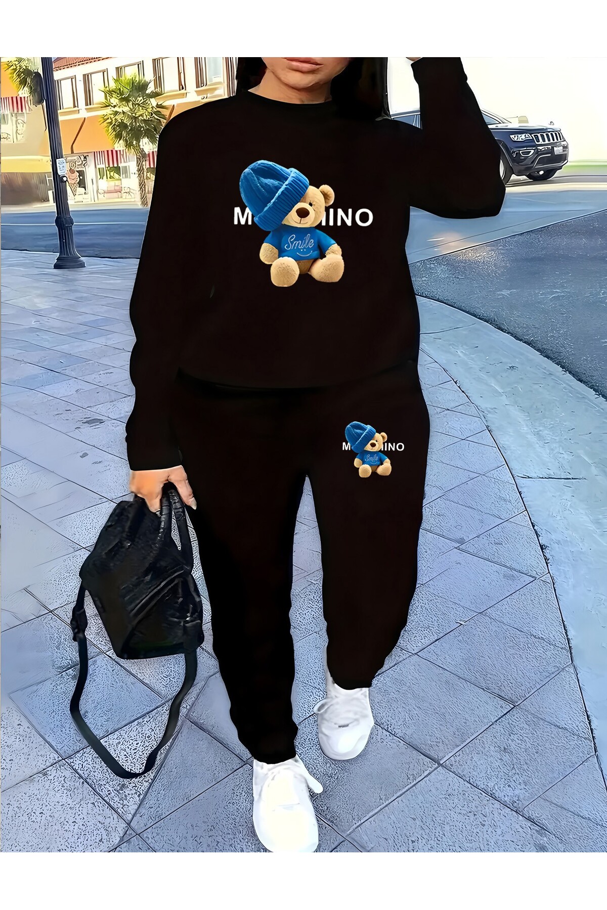 kenoger Set de trening cu imprimeu cu ursuleț zâmbitor și pălărie albastră