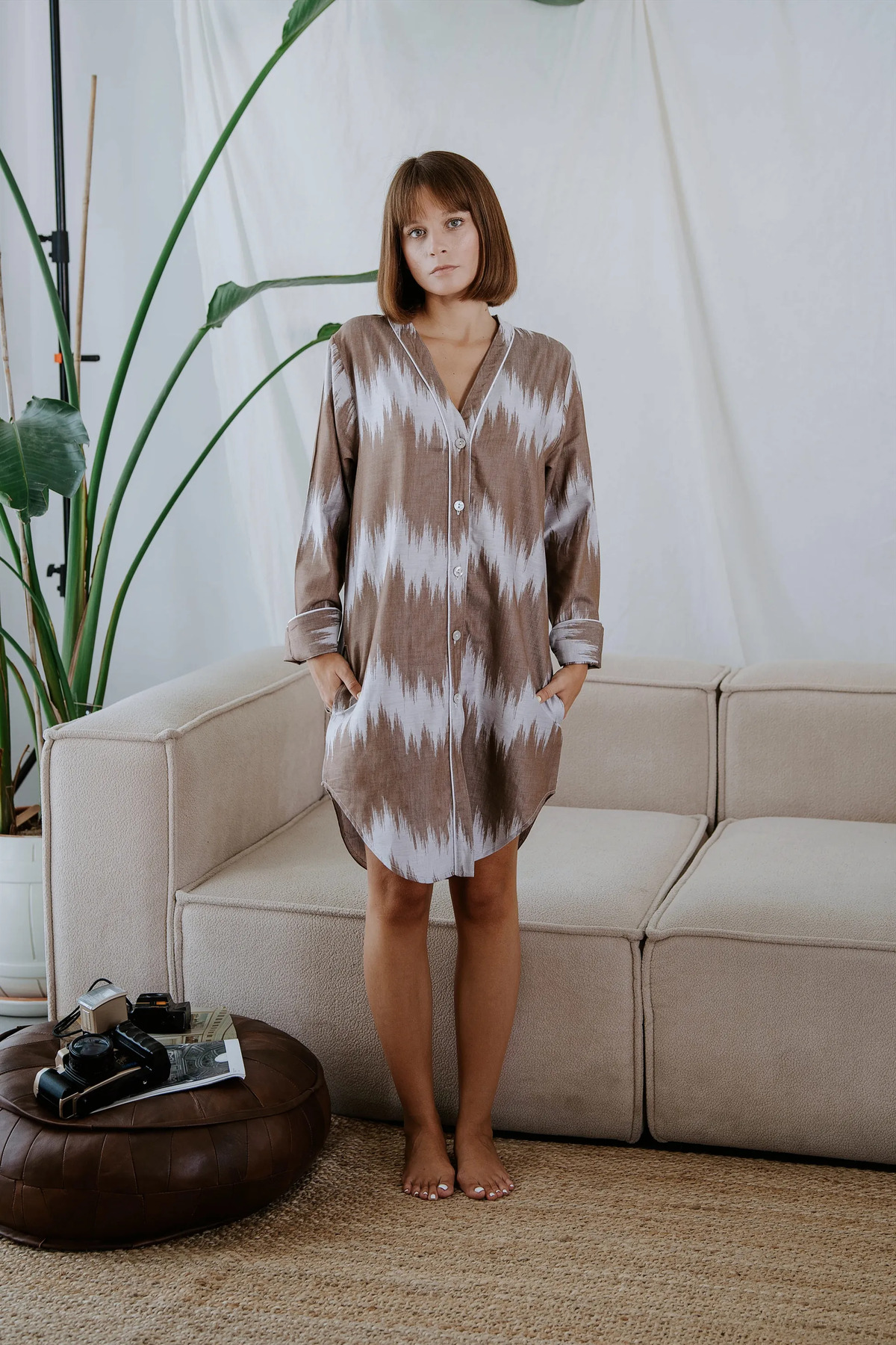 Richo Homewear VOLA Jakarlı Saten Gömlek Elbise, %100 Pamuk Saten, Düğmeli Uzun Gömlek Elbise, Şık Ev Elbisesi