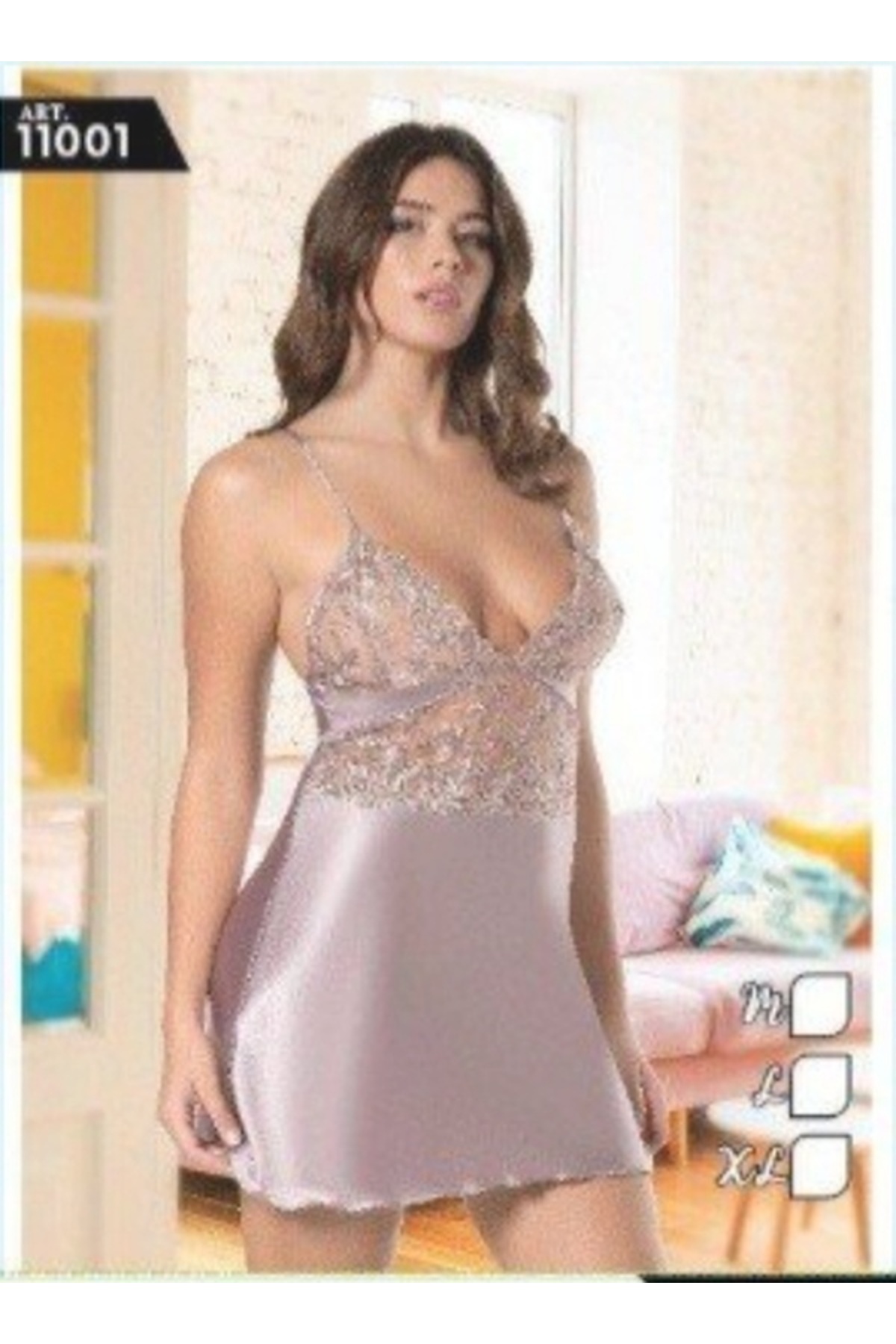 Pi Giyim Lila Dantelli Saten Mini Gecelik