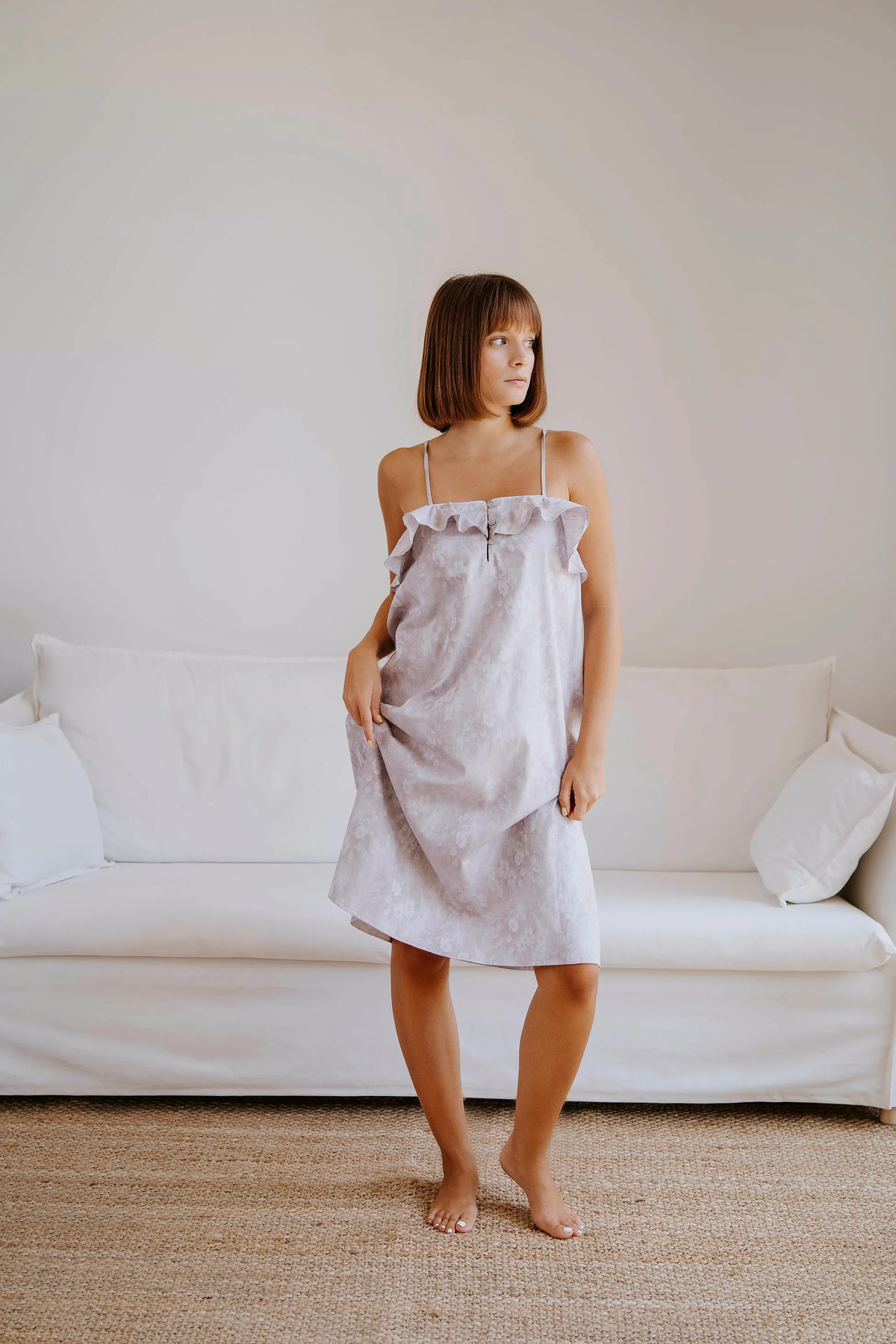 Richo Homewear SERA Jakarlı Saten İp Askılı Gecelik, %100 Pamuk Saten, Kadın Gecelik, Zarif Jakarlı Saten Elbise