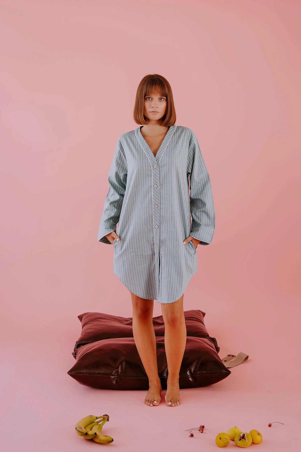 Richo Homewear VOLA Jakarlı Saten Gömlek Elbise, %100 Pamuk Saten, Düğmeli Uzun Gömlek Elbise, Şık Ev Elbisesi