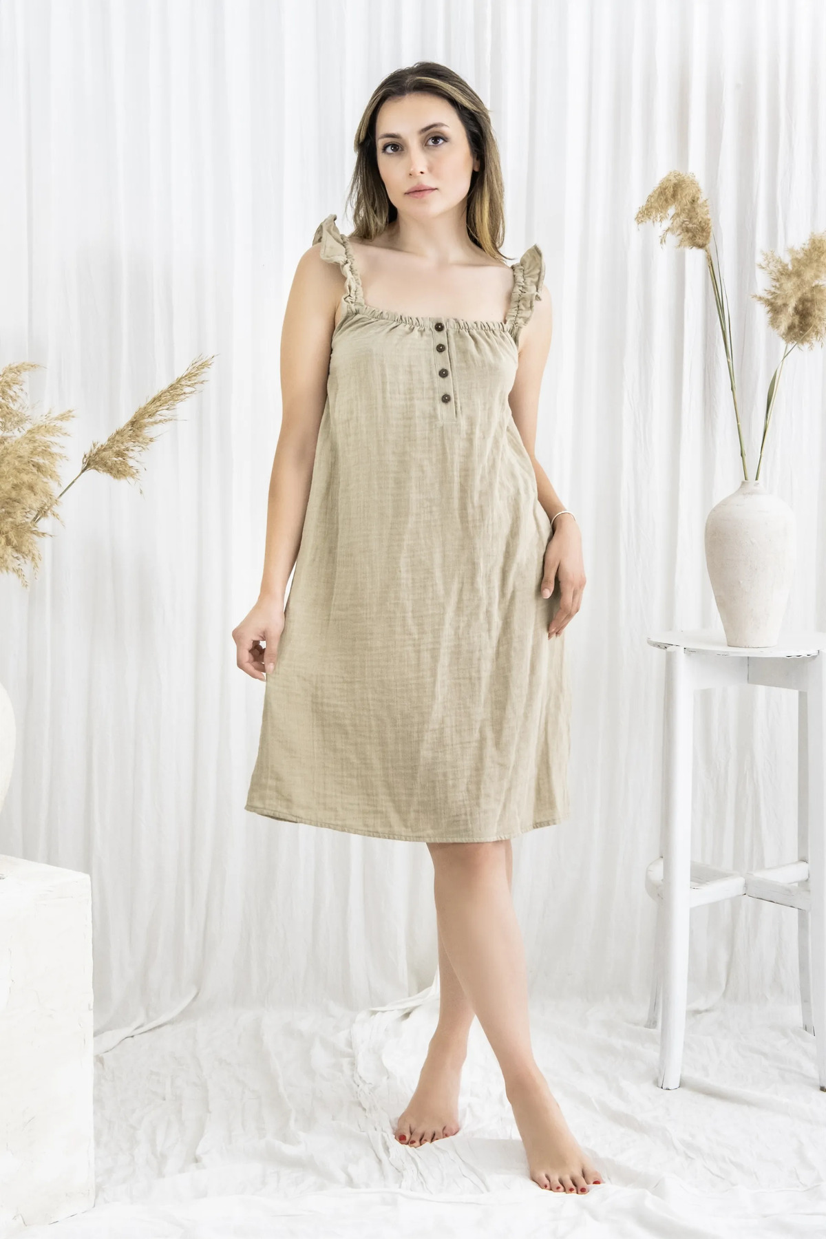 Richo Homewear ANGEL Muslin Kadın Gecelik, %100 Pamuk Fırfırlı Askılı Gecelik , Müslin Kadın Gecelik