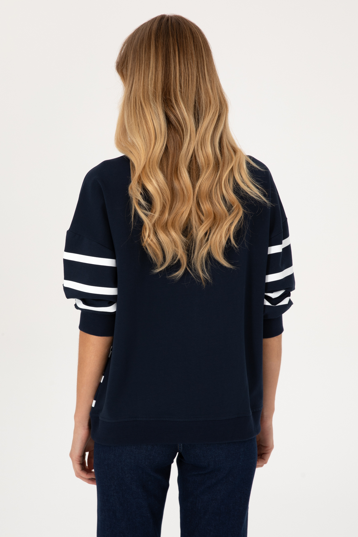 U.S. Polo Assn. Kadın Lacivert Çizgili Bisiklet Yaka Sweatshirt 50313572-VR033 görsel 5