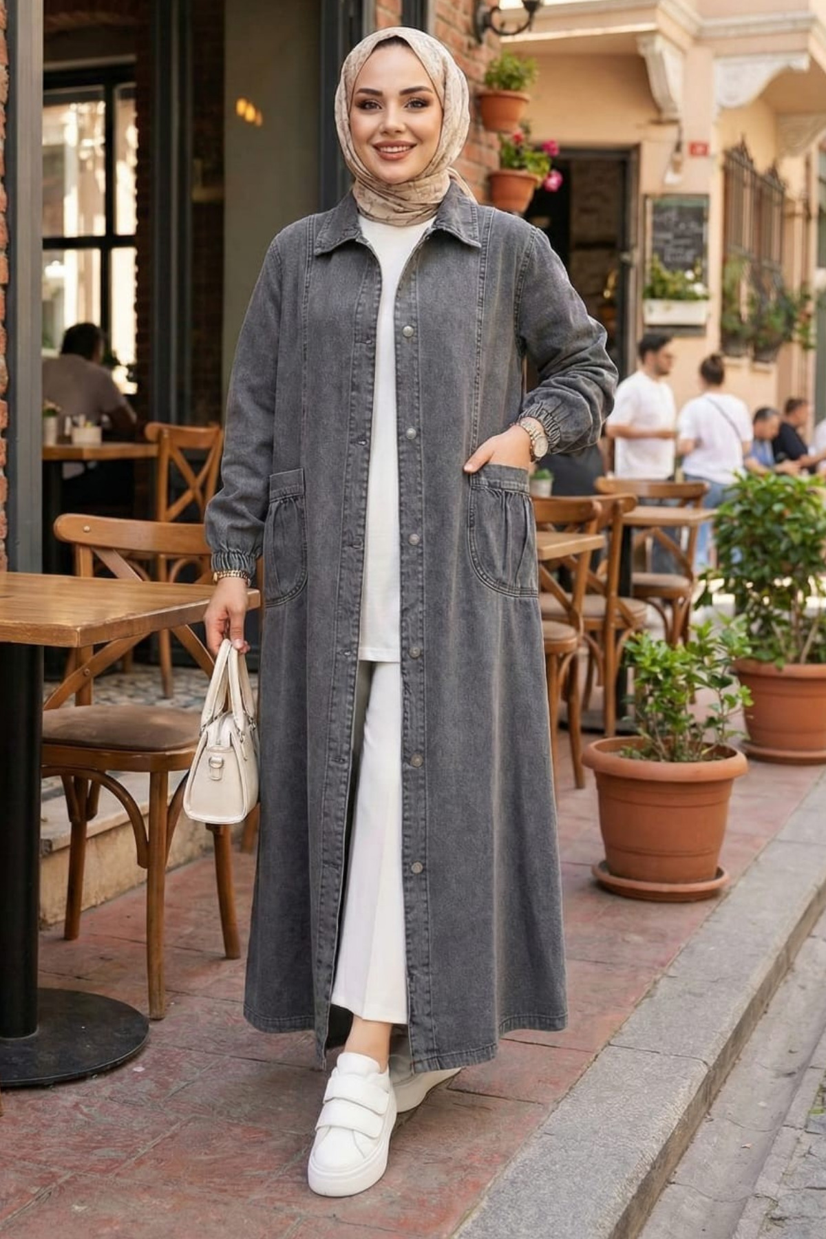 Hb Harma Time Butik  Kadın Düğmeli Cepli Denim Gri Kot Kap