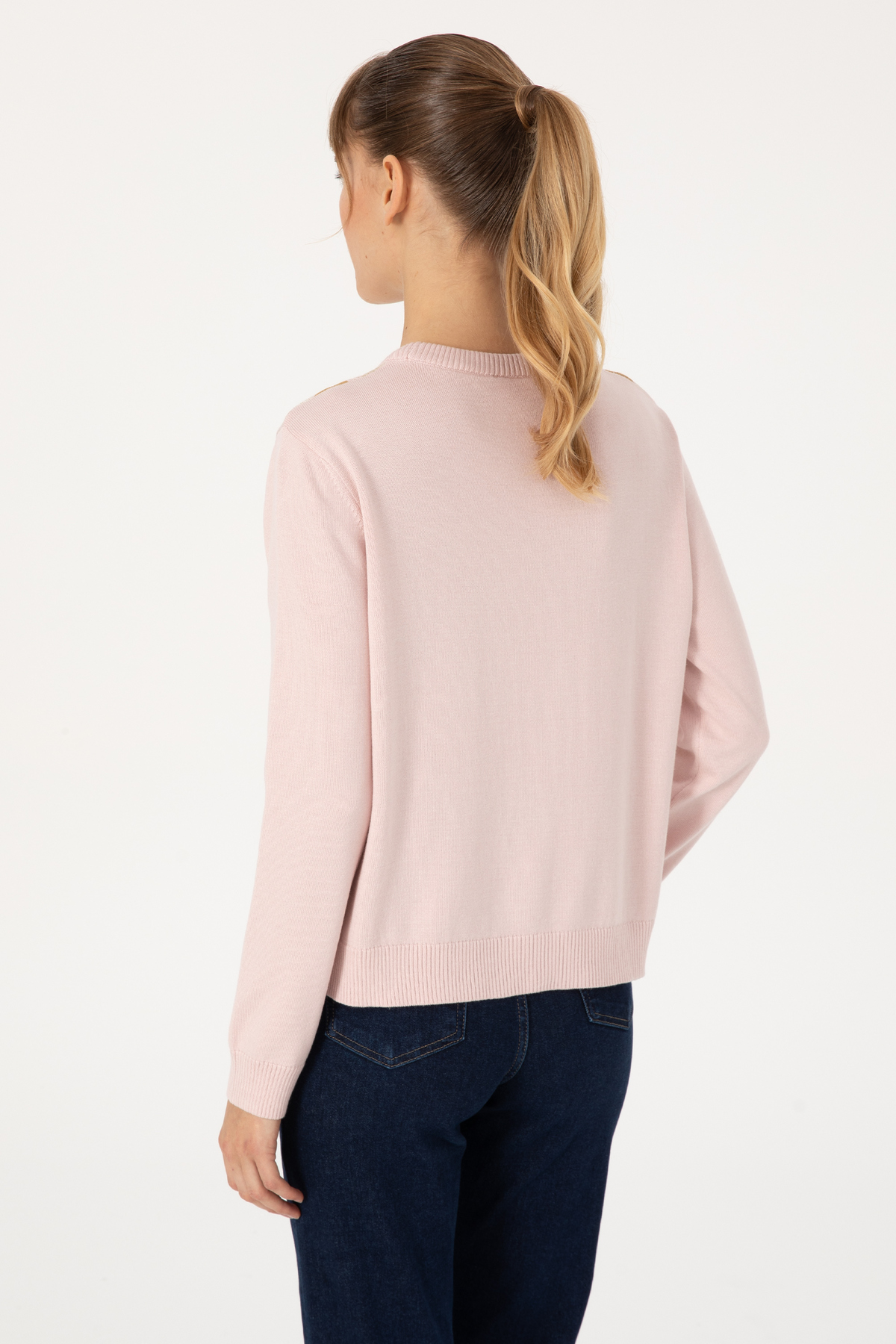 U.S. Polo Assn.  Kadın Pudra Bisiklet Yaka Çizgili Kazak 50314812-VR042 - Görsel 5