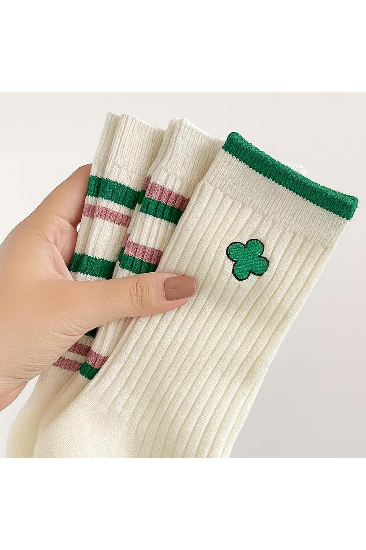 Sky Socks 5'li Ekonomik Paket Yeşil-Pembe Desenli Unisex Tenis Çorap Seti görsel 2