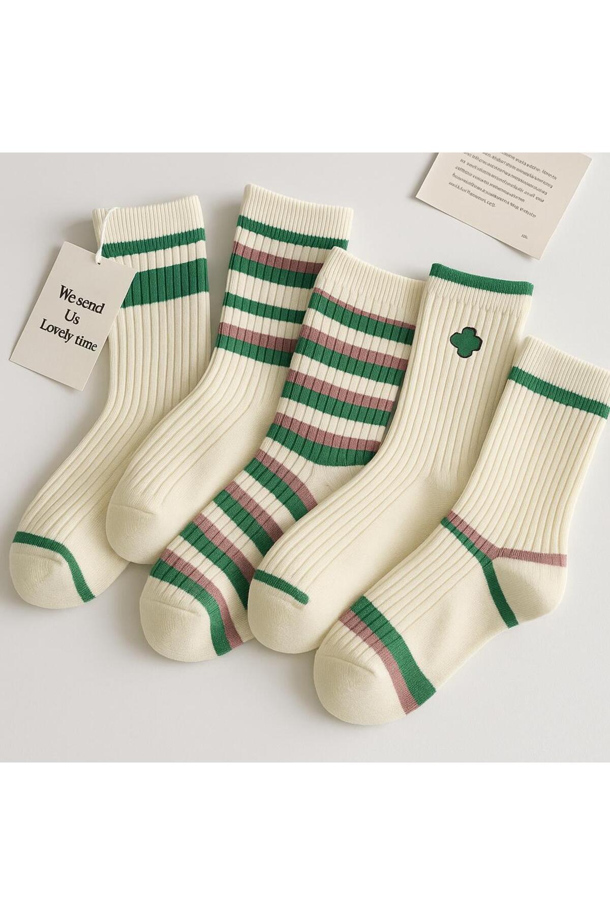 Sky Socks 5'li Ekonomik Paket Yeşil-Pembe Desenli Unisex Tenis Çorap Seti görsel 6