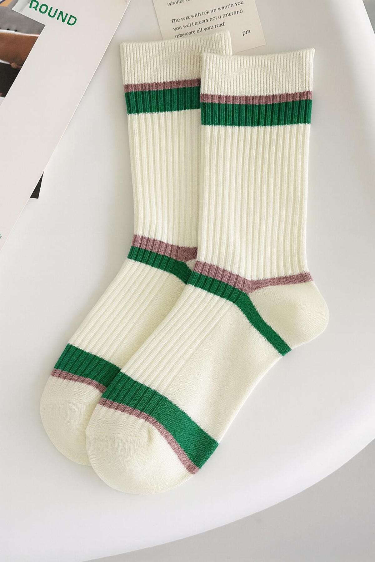 Sky Socks 5'li Ekonomik Paket Yeşil-Pembe Desenli Unisex Tenis Çorap Seti görsel 4