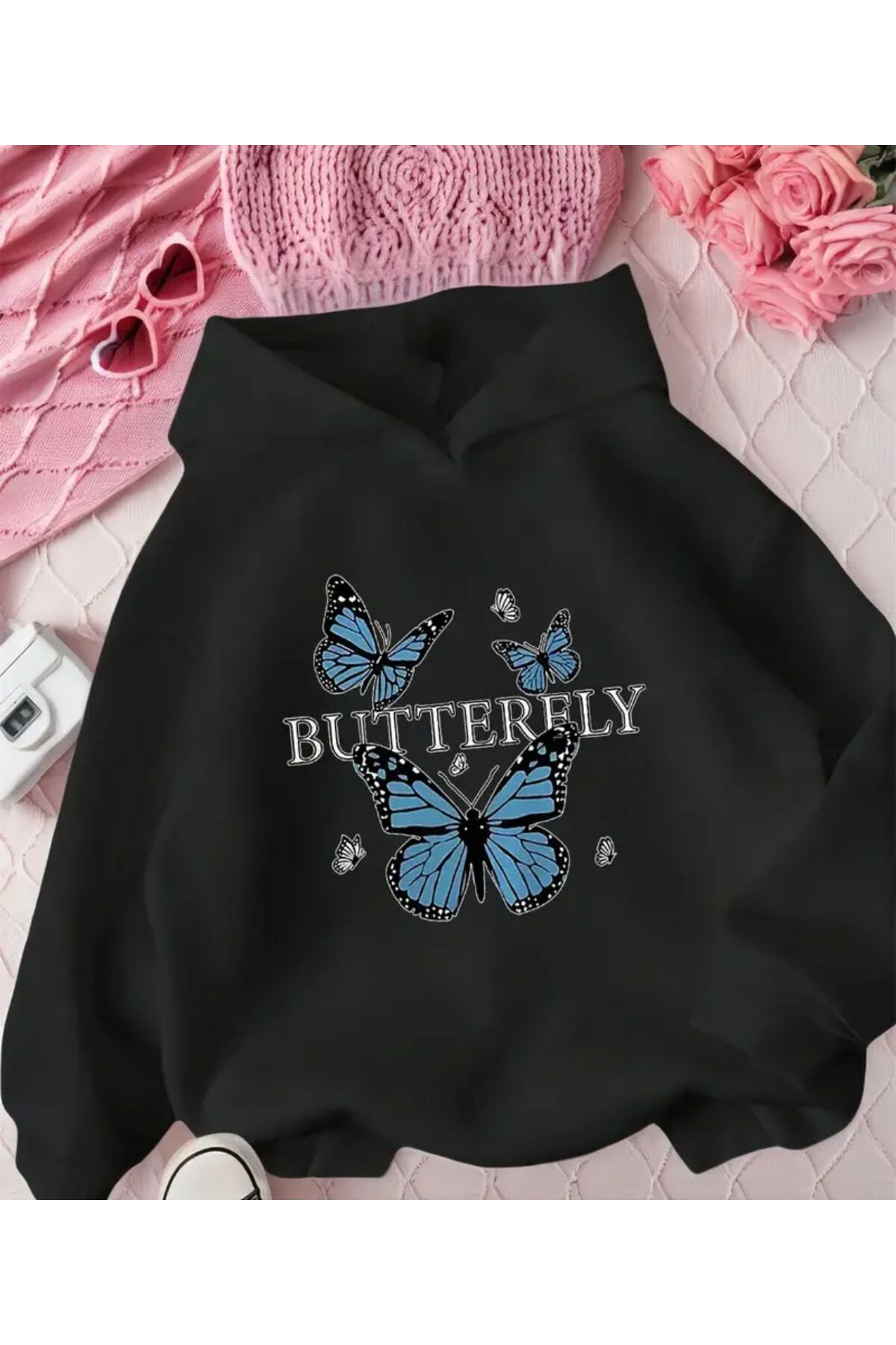 herkesemoda Butterely Butterfly Print Detailed Hooded Sweatshirt