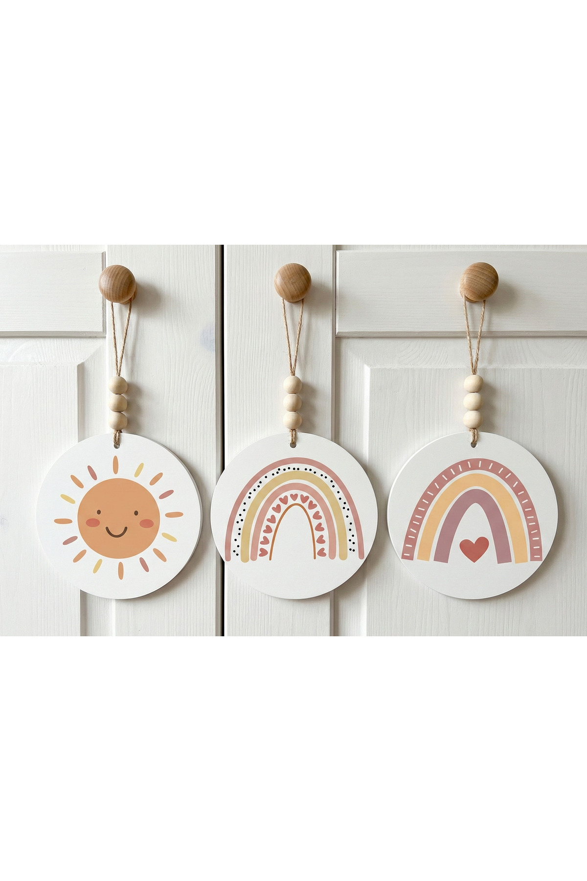 Bebek Odası Dekoratif Ahşap Dolap ve Çekmece Süsü - İskandinav Tarzı Boho Rainbow Kulp Askısı 6