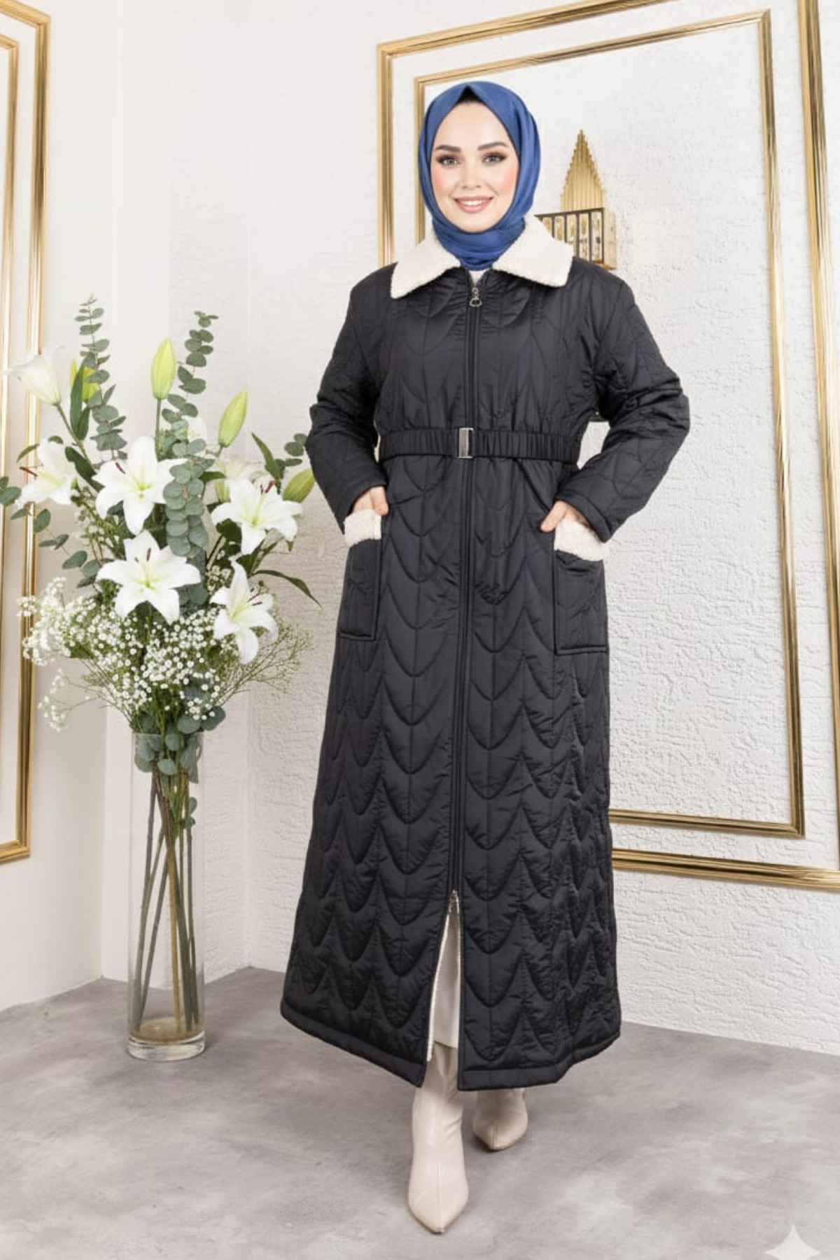 Hb Harma Time Butik  Kadın İçi Tam Kürklü Cepli Siyah Kapitone Mont - Görsel 2