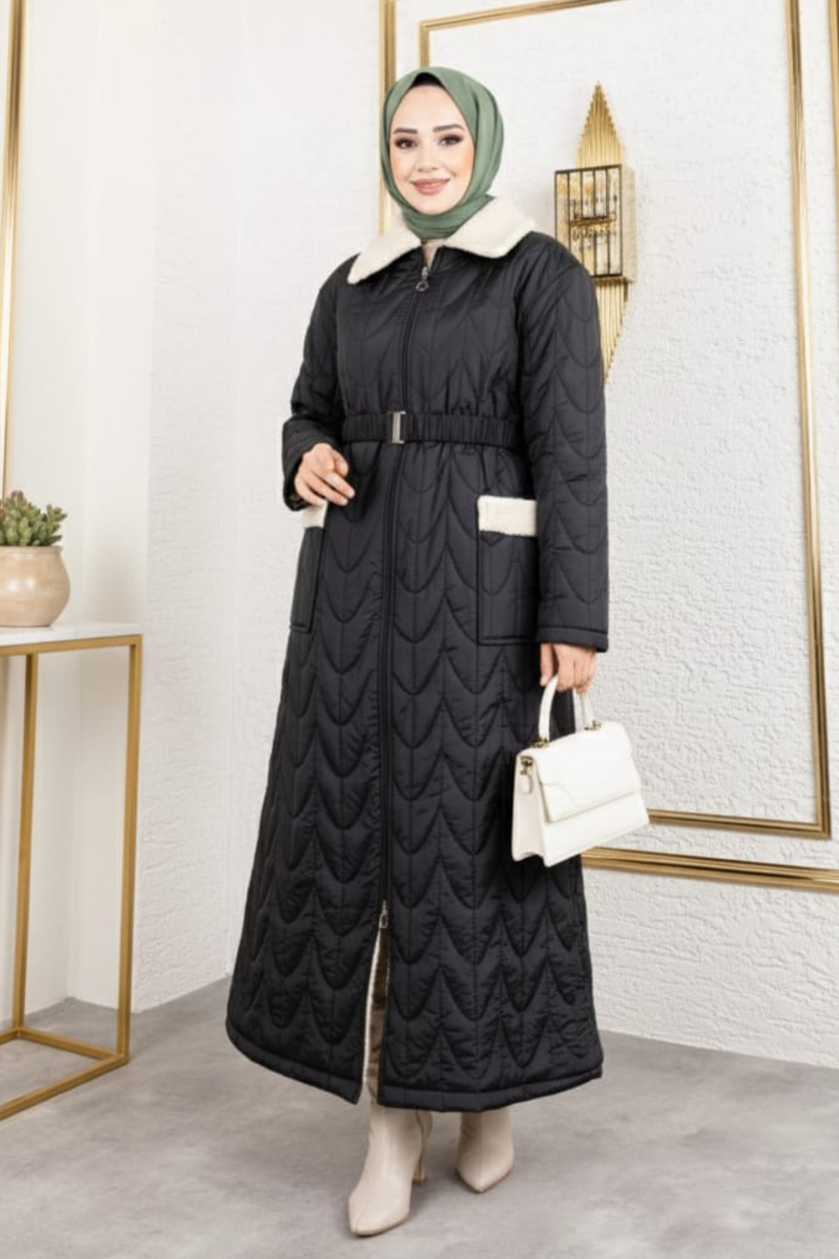 Hb Harma Time Butik  Kadın İçi Tam Kürklü Cepli Siyah Kapitone Mont - Görsel 4