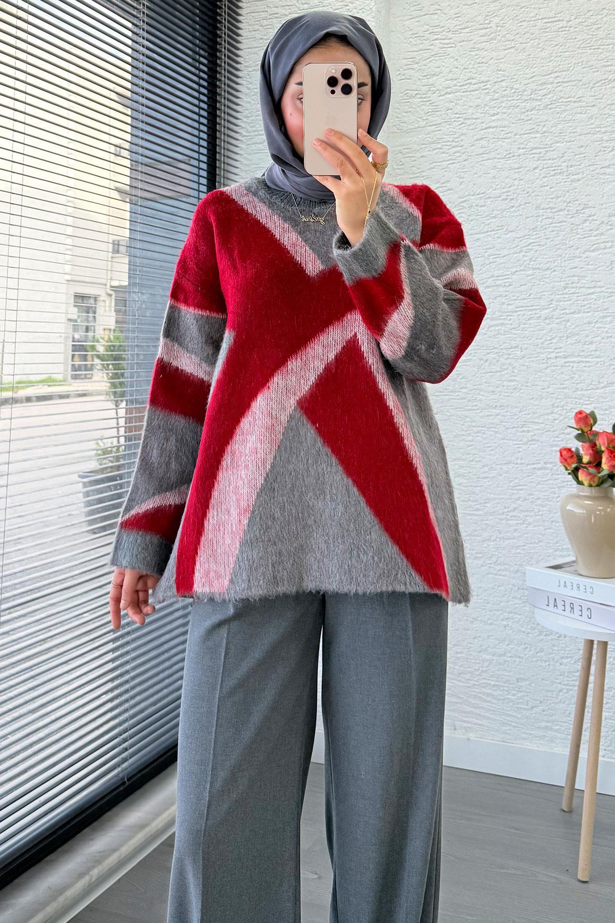 MELEK ARAZ Çizgi Desen Oversize Triko Kazak, Kırmızı görsel 7