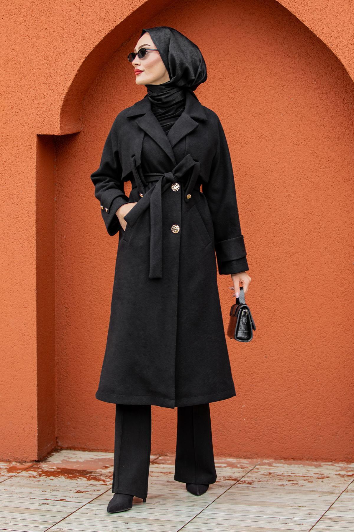 Tesettür Çarşım Doha Premium Kaşe Astarlı Kaban-Siyah