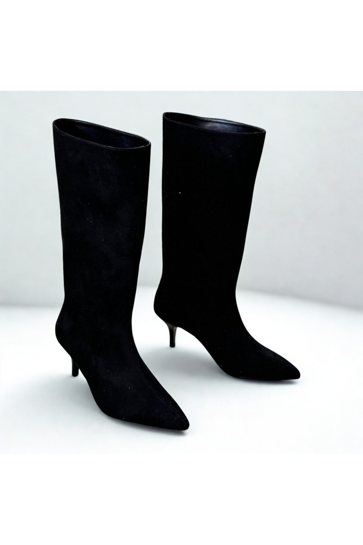 NE&VE SHOES  Siyah Süet Hakiki Deri Körüklü Kadın Sivri Burun Çizme - Görsel 2