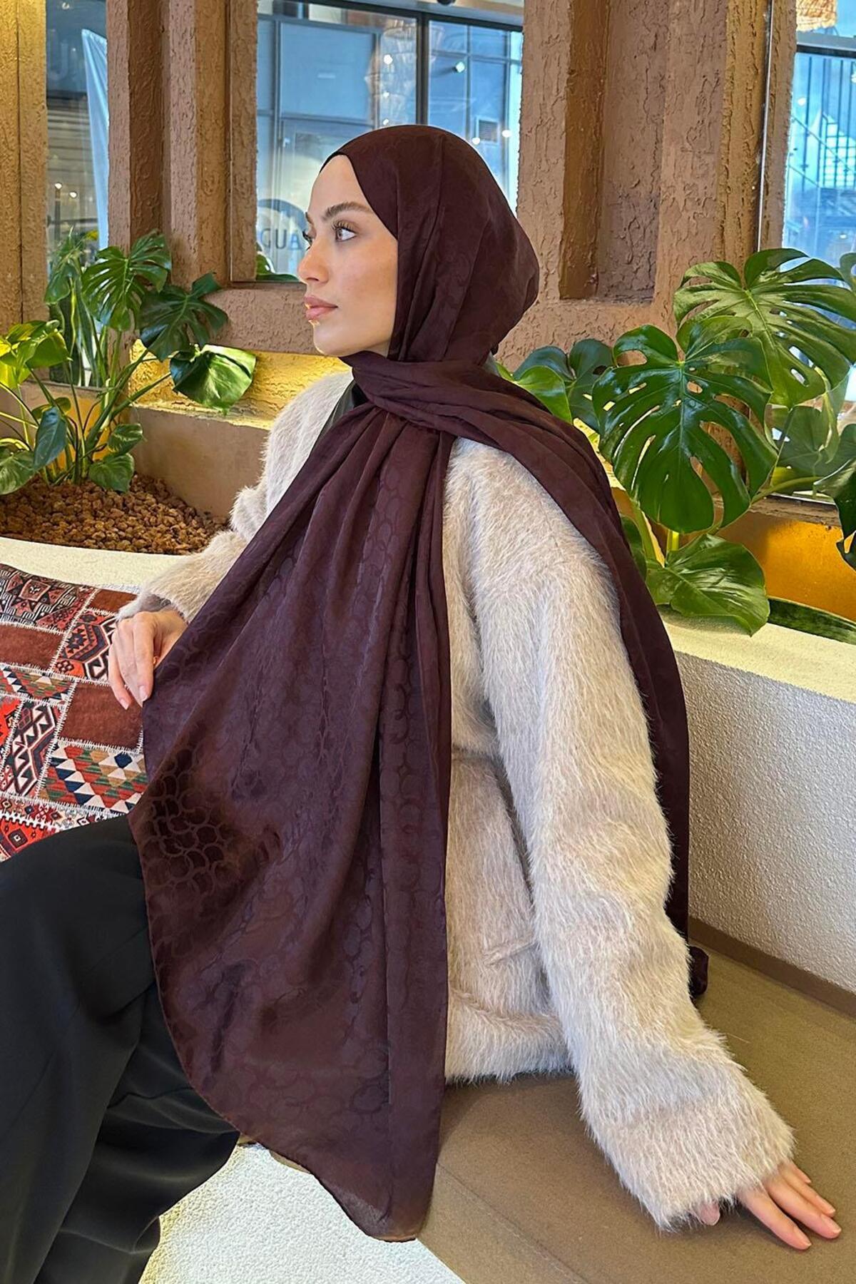 lamelif Bloom Desen Ayrobin Floş Jakar Şal Koyu Bordo görsel 3
