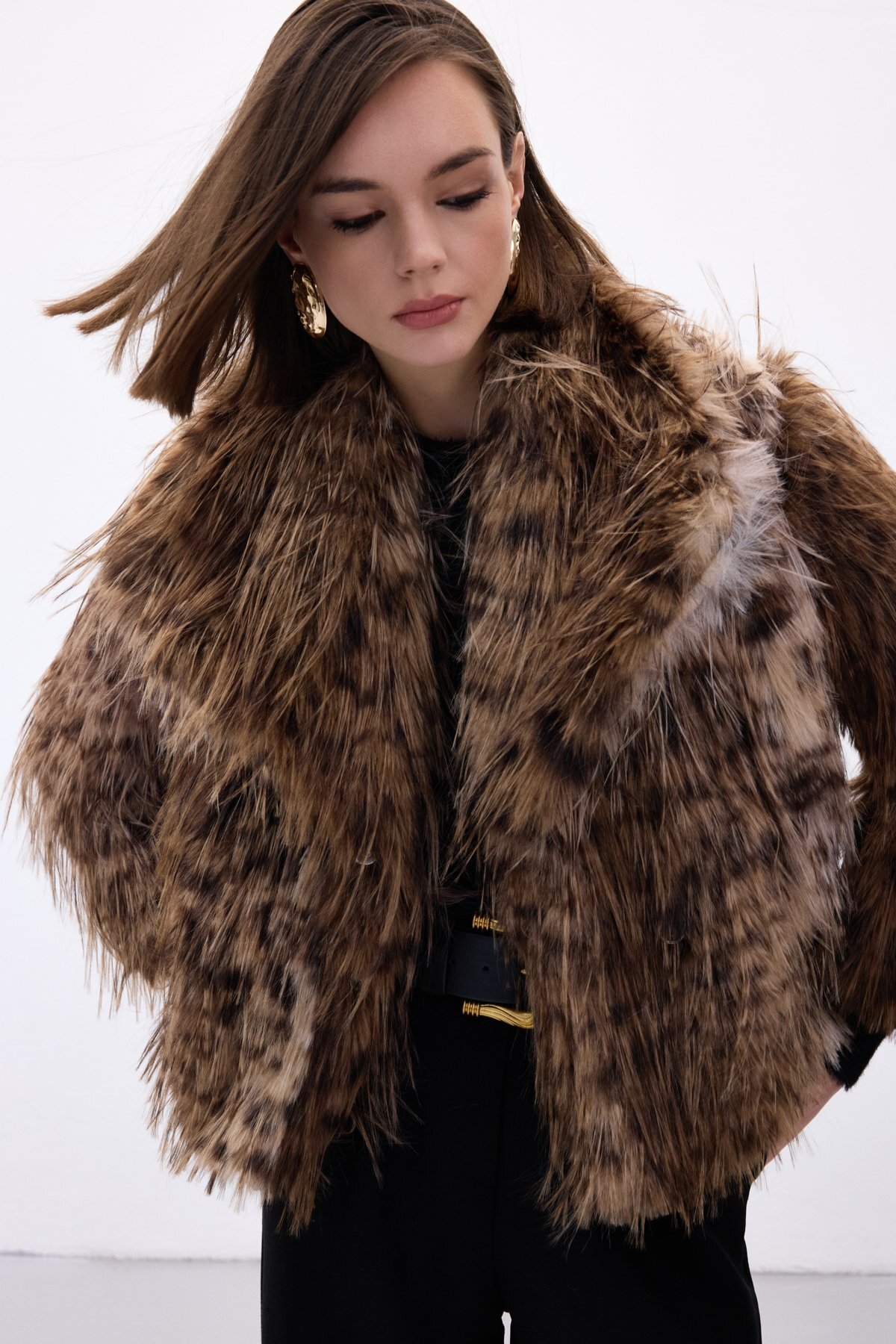 Sateen  Leopar Desenli Kürk - Kahve - Görsel 6