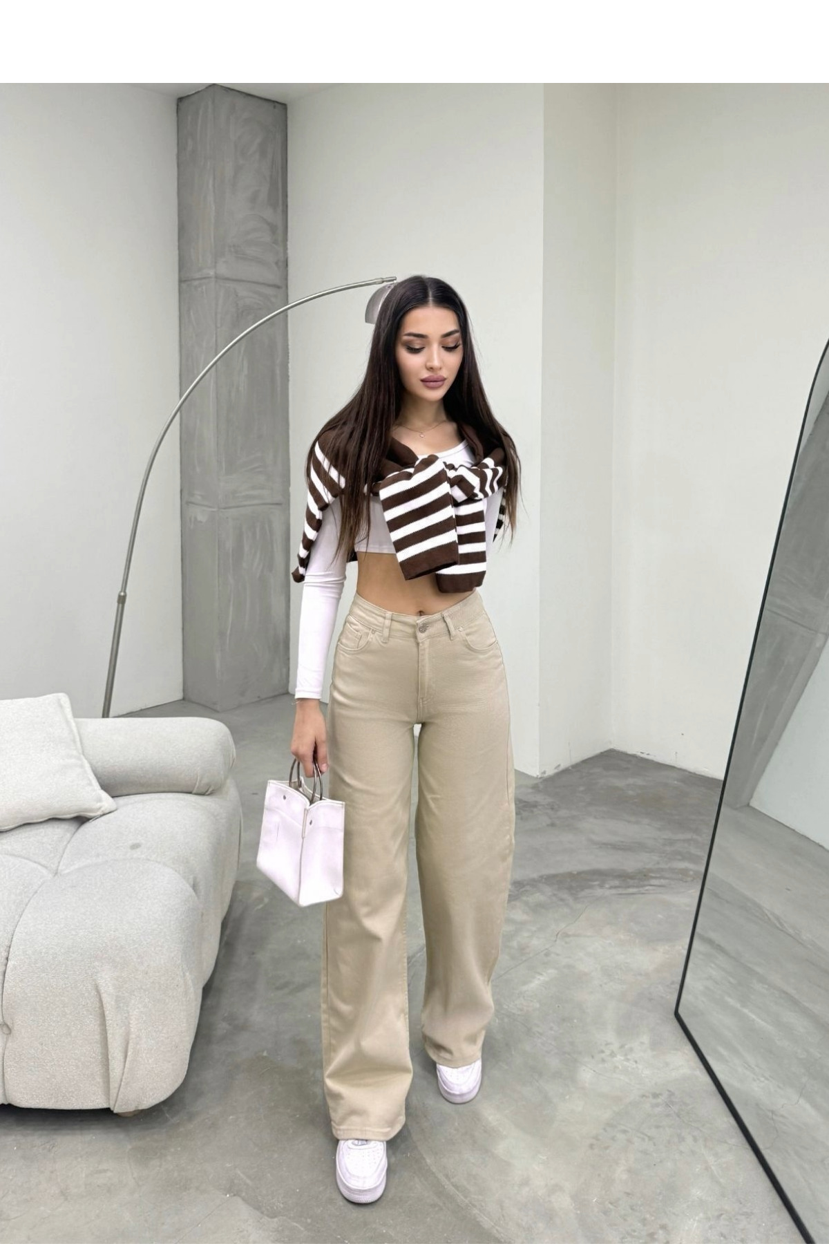 BİKELİFE  Kadın Bej Yüksek Bel Geniş Paça Bol,salaş Palazzo Jeans - Görsel 6