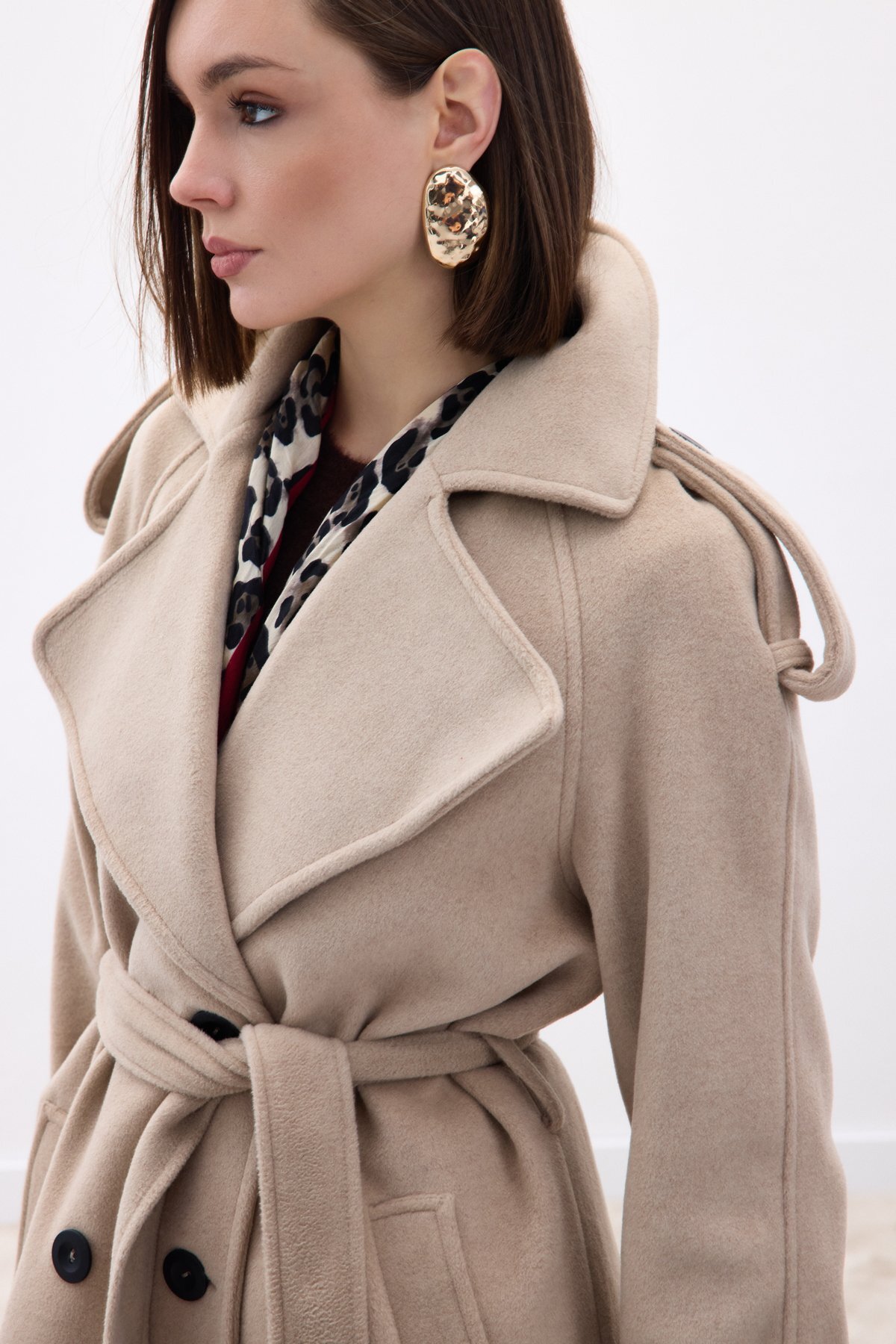 Sateen  Geniş Yaka Uzun Kaban - Bej - Görsel 6