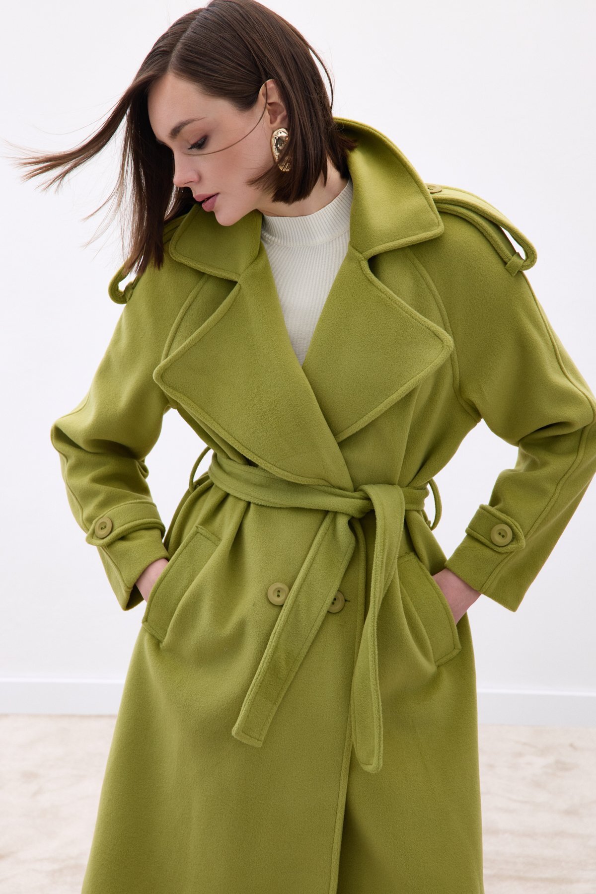 Sateen  Geniş Yaka Uzun Kaban - Yeşil - Görsel 6