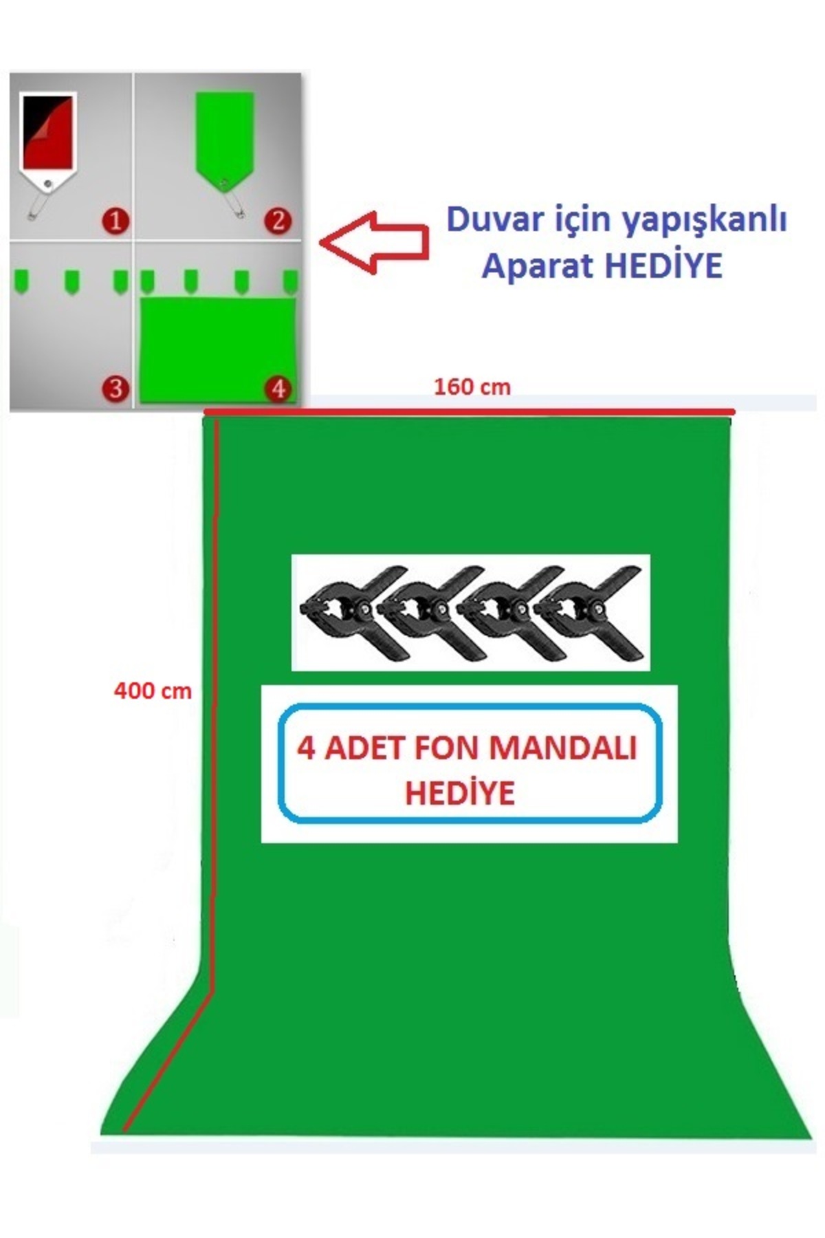 1.6x4 metre Chromakey Green Screen Greenbox Yeşil Fon Perde yanında 4 adet fon mandalı
