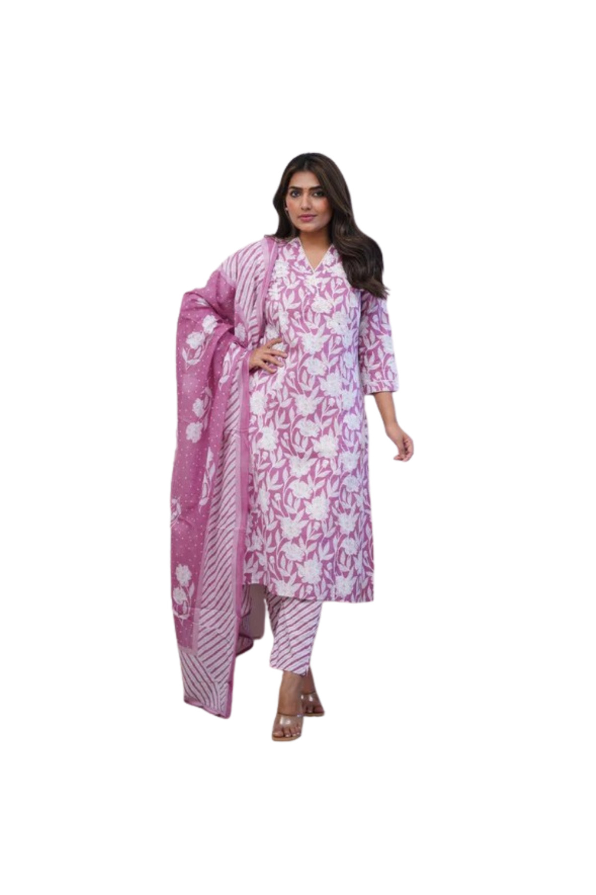 MYSMAR Purple Pure Cotton Salwar Kameez & Dupatta Set - ALV1336 | Purple-Size:XL-42-Inches
