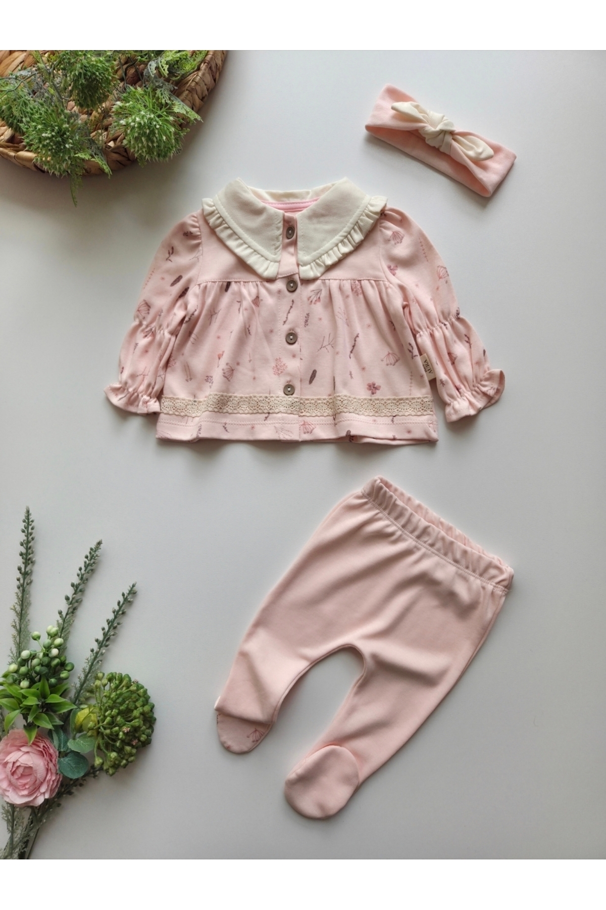 GizaKids %100 Pamuk Saç Bantlı Yenidoğan 3'lü Takım / Kız Bebek Hastane Çıkışı / Mevlit Kıyafeti fotoğrafı 2 (önizleme)
