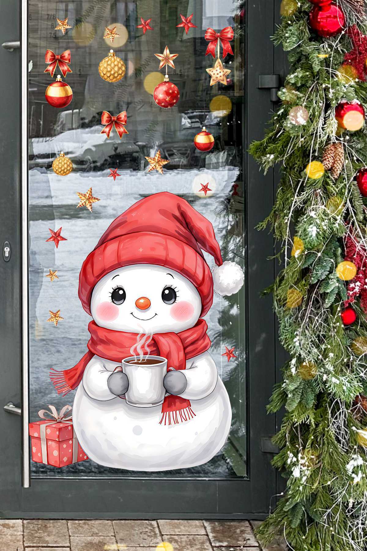 Sticker Ekspres Om De Zăpadă Mare Și Figurine De Iarnă Set De Autocolante Pentru Uși Din Sticlă De Crăciun Ornamente De Anul Nou - 100 x 75