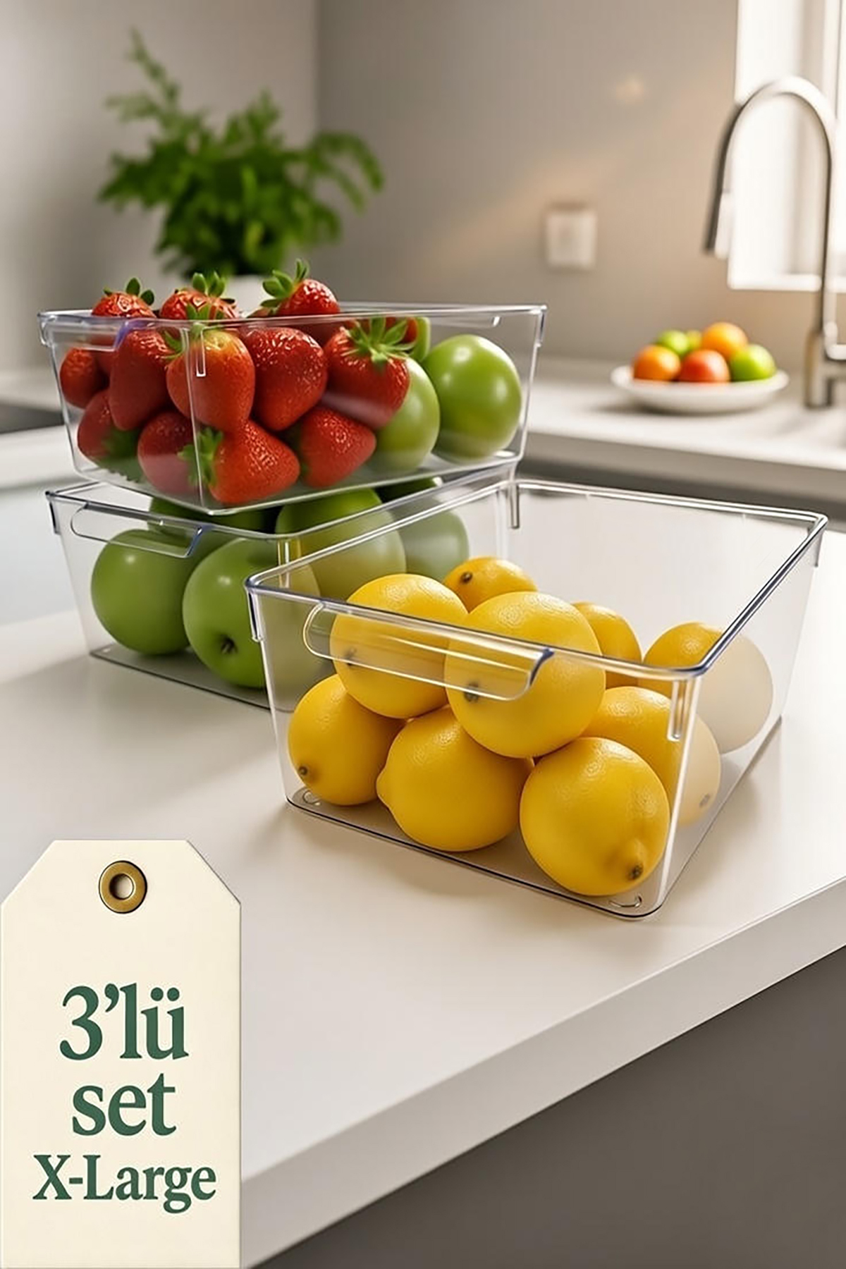 EVONİTA 3'lü Set X-Large Şeffaf Buzdolabı Düzenleyici Saklama