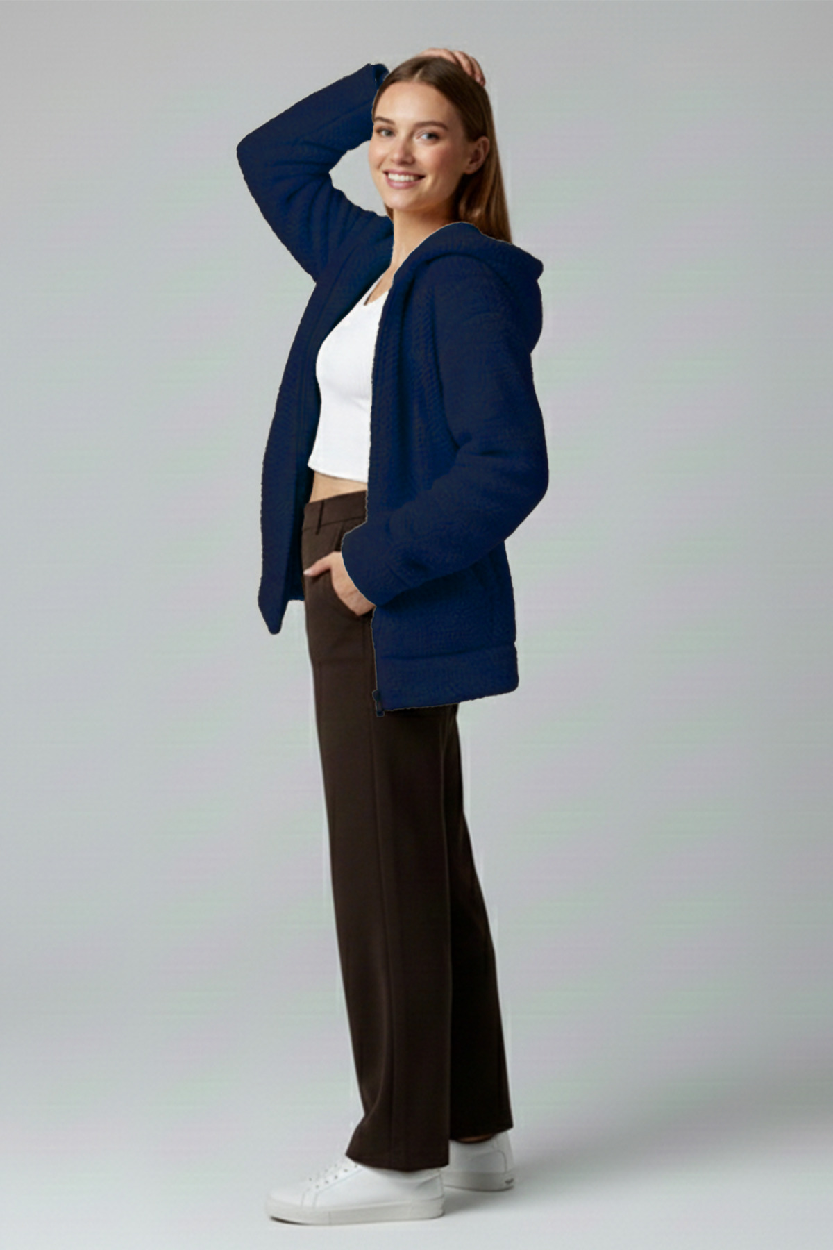 Betimoda  Kadın Fermuarlı Kapüşonlu Uzun Peluş Polar Hırka Lacivert - Görsel 5