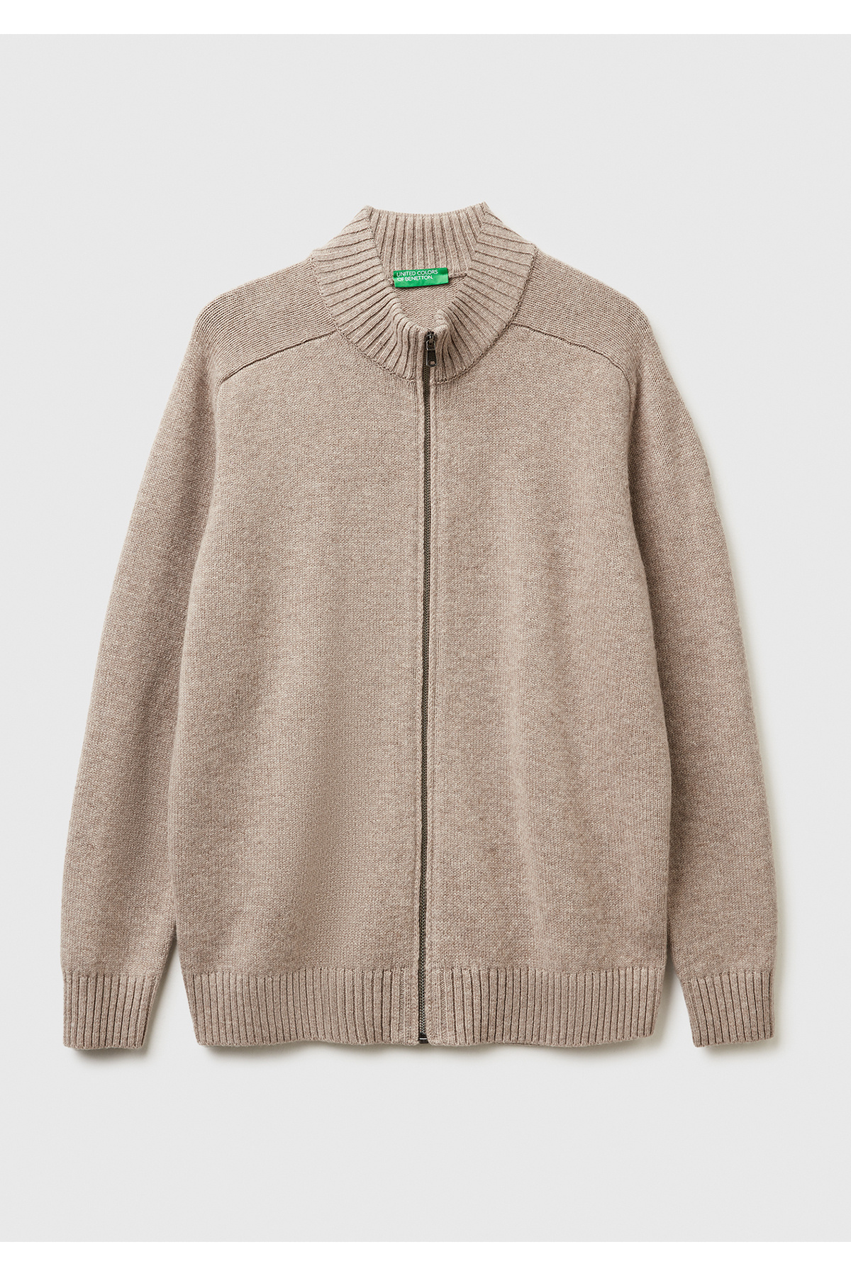 یونایتد کالرز آو بنتون ژاکت کش باف پشمی ۱۰۰٪ بژ ملانژ مردانه، زیپ‌دار