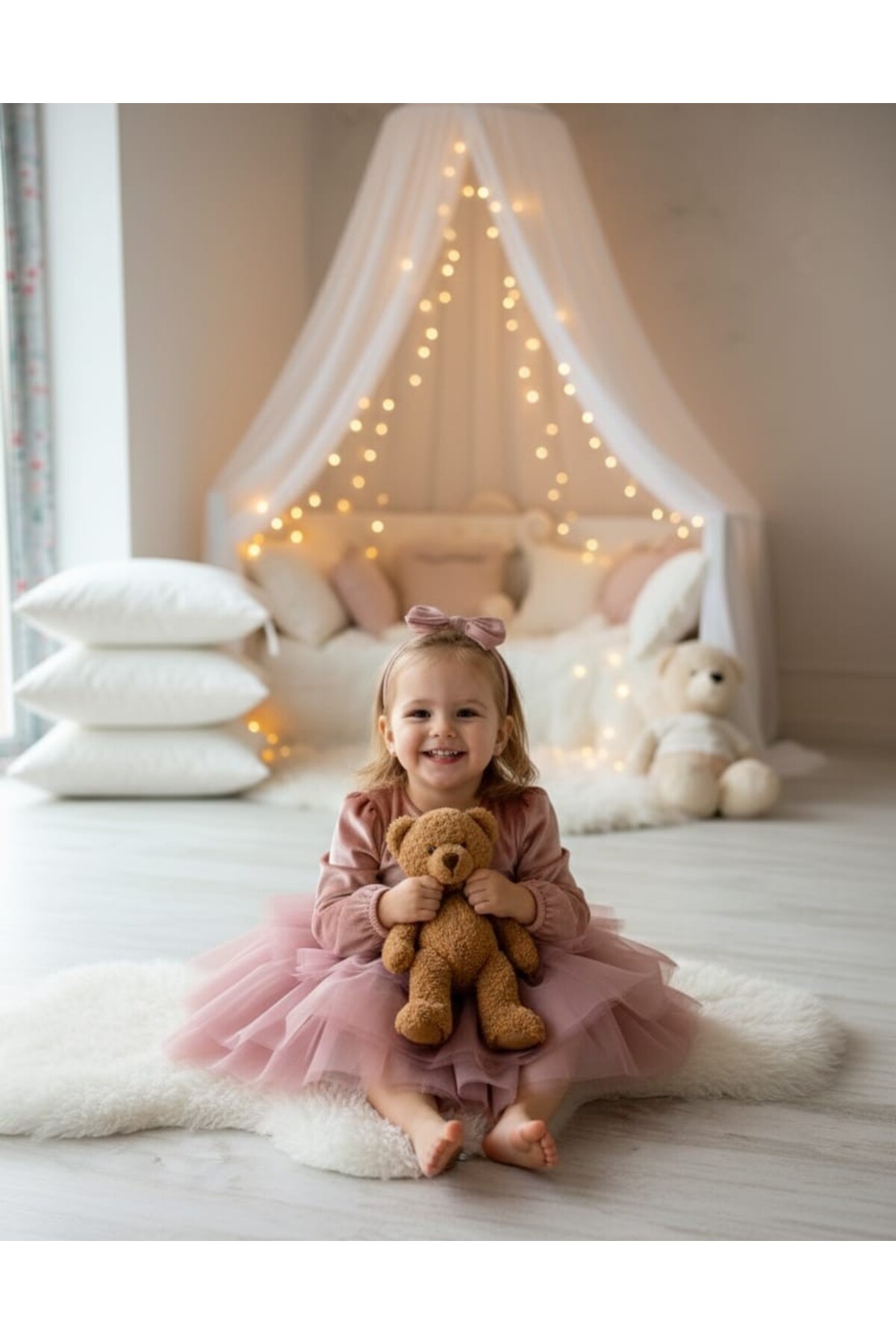 penu baby kids Gül Kurusu Uzun Kol Kat Etekli Kadife Kız Çocuk Bebek Elbise - Gloria fotoğrafı 6 (önizleme)